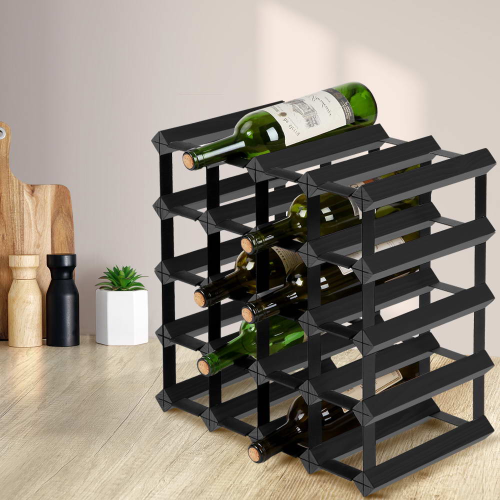 Artiss Black 20 Bottle Wine Rack Pine Wood Steel Storage Display