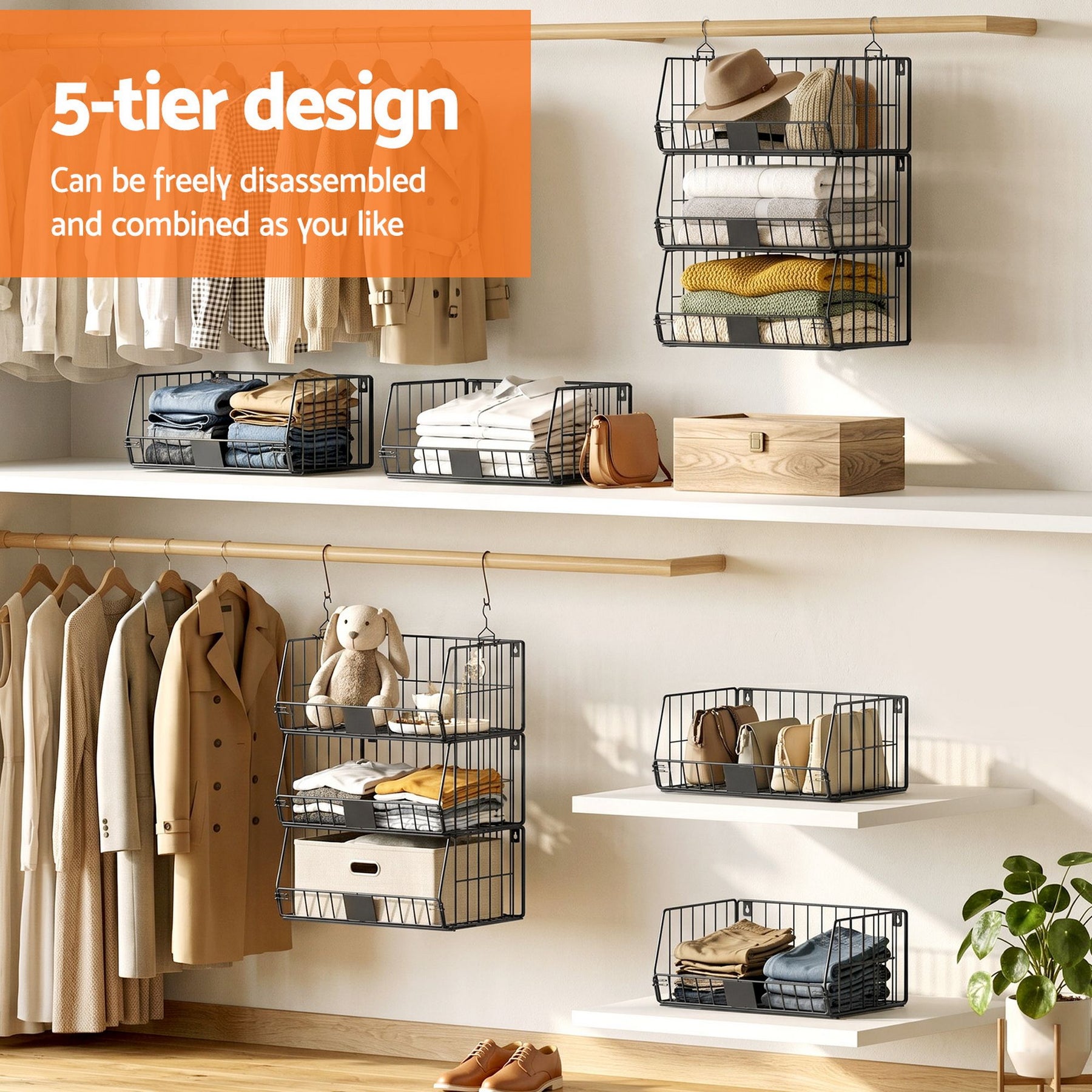 Artiss Stackable Closet Organiser – Black 5 Tier Iron Shelves with Hanging Hooks