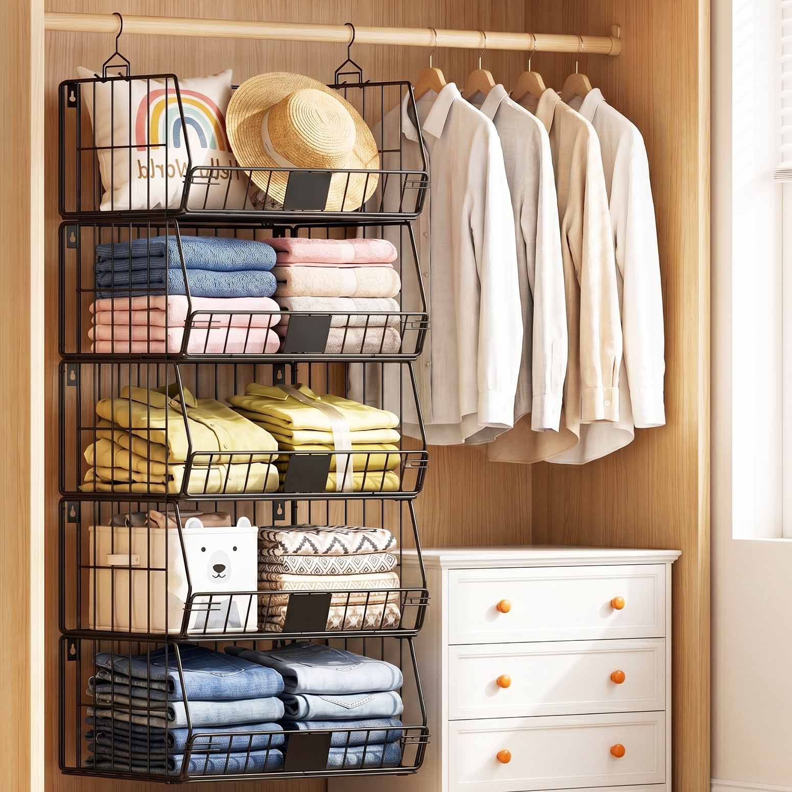 Artiss Stackable Closet Organiser – Black 5 Tier Iron Shelves with Hanging Hooks
