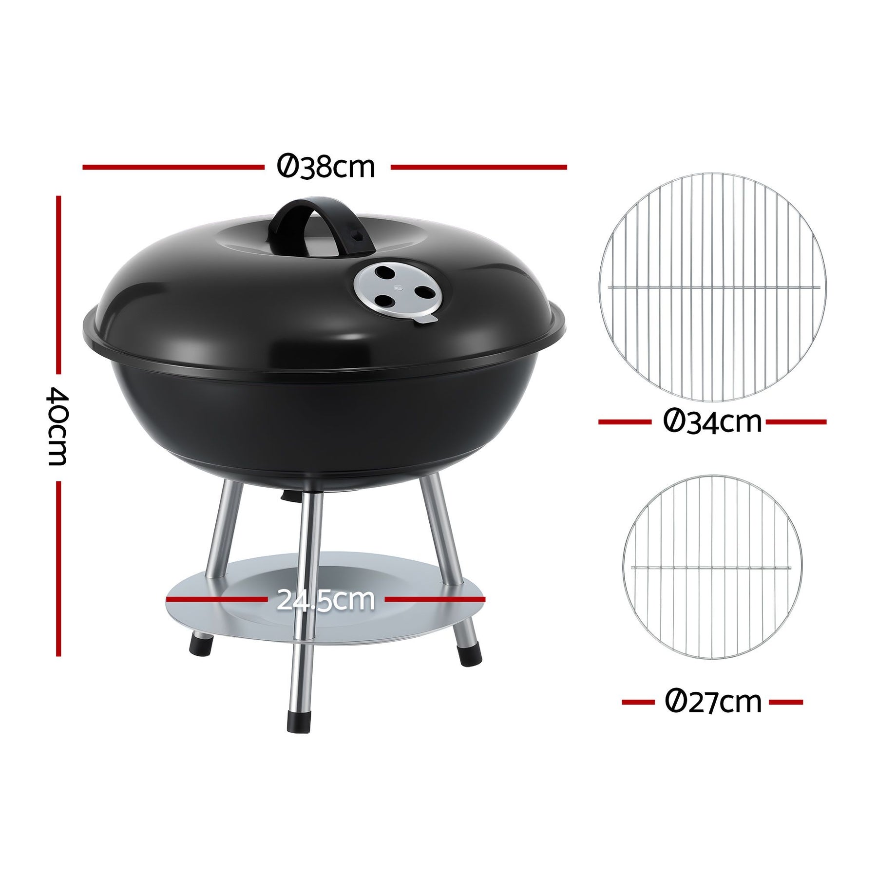 Grillz Portable Charcoal BBQ Grill – Black 34cm, Stainless Steel Grate with Lid