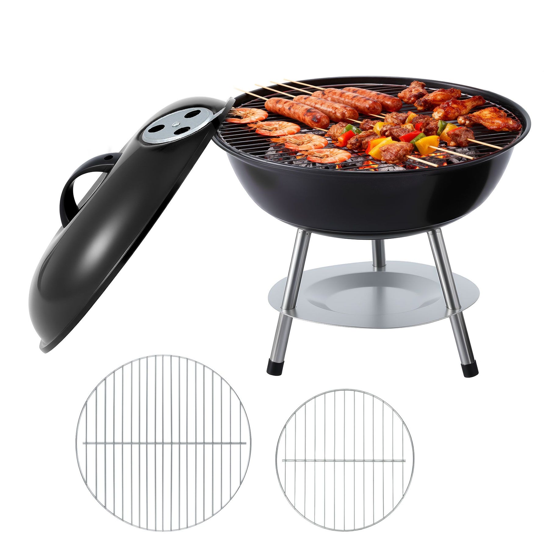 Grillz Portable Charcoal BBQ Grill – Black 34cm, Stainless Steel Grate with Lid