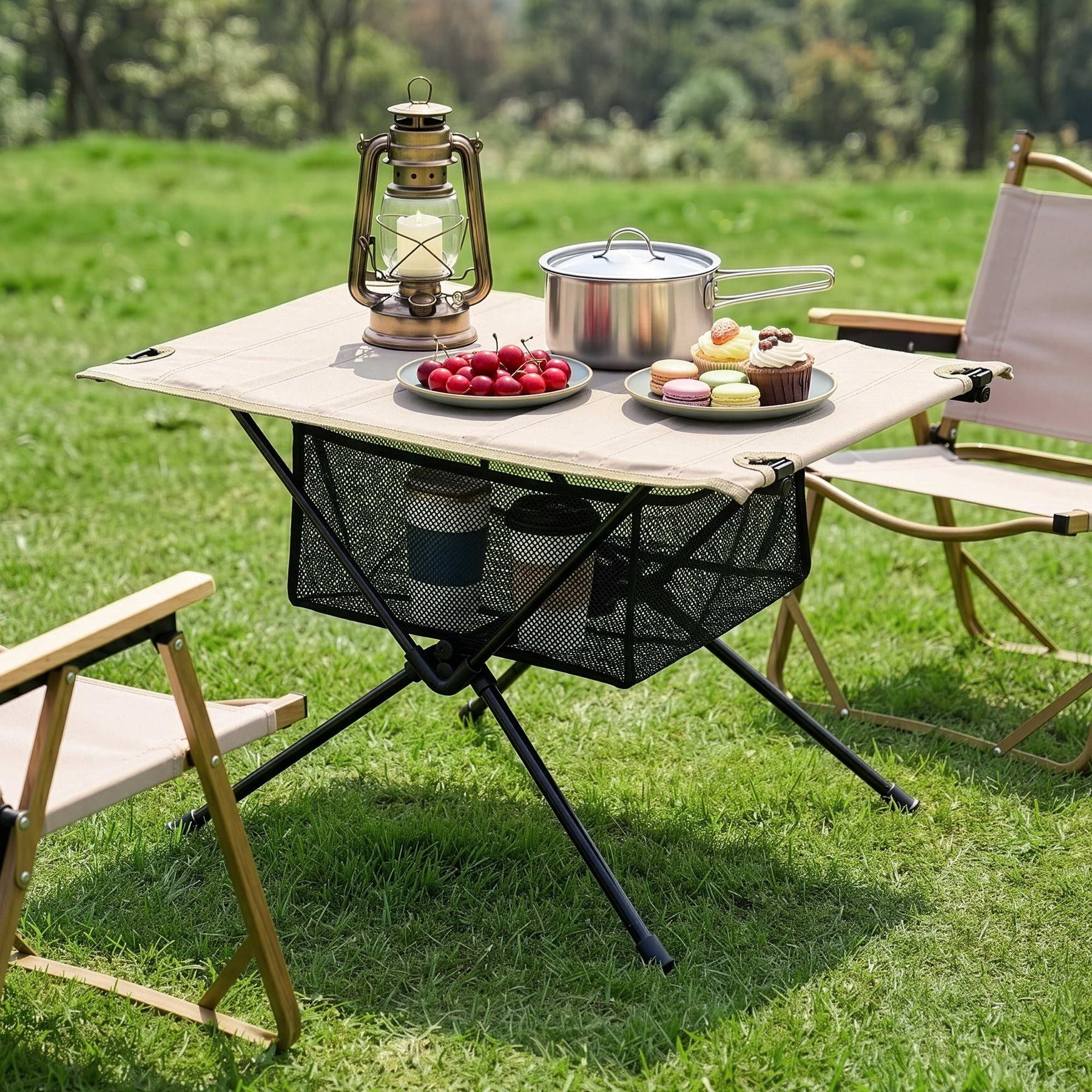 Weisshorn Folding Camping Table with 600D Top - Black/Khaki
