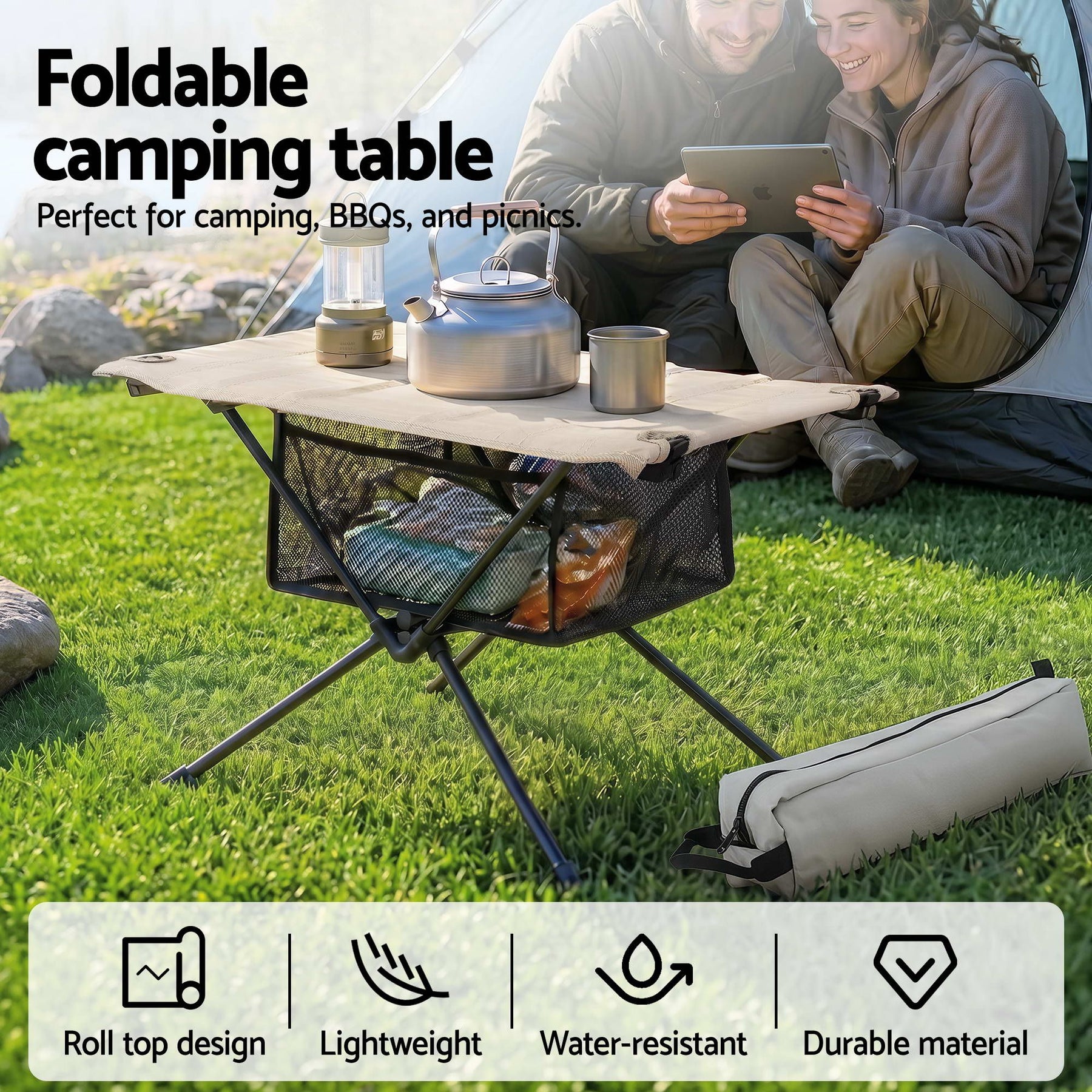 Weisshorn Folding Camping Table with 600D Top - Black/Khaki