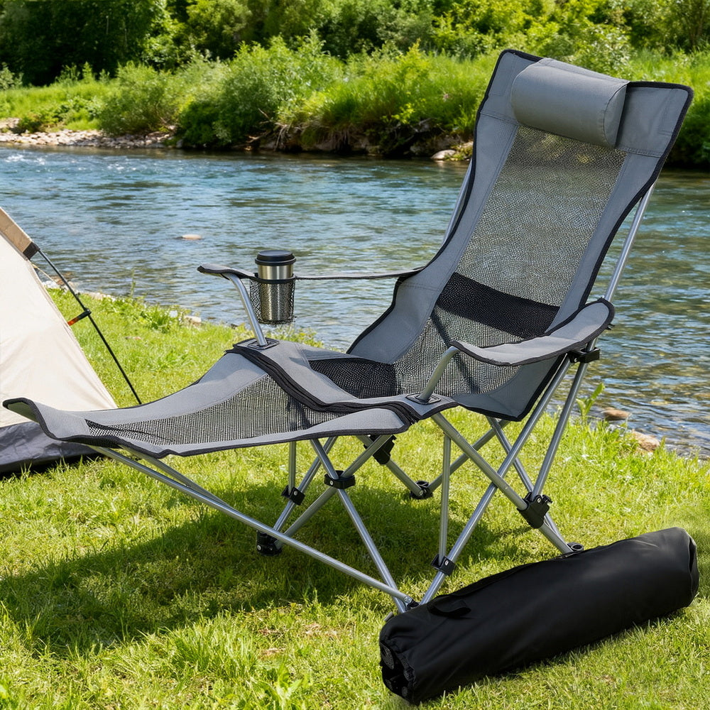 Weisshorn Grey Adjustable Reclining Camping Chair with Footrest Portable Folding