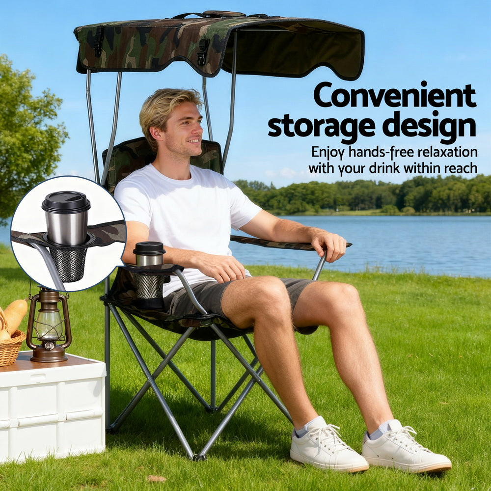 Weisshorn Army Green Camping Chair with Canopy Folding Outdoor Seat 120kg Capacity