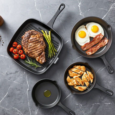 5-Star Chef 4 Piece Cast Iron Fry Pan Skillet Set – Black, Induction & Campfire Safe