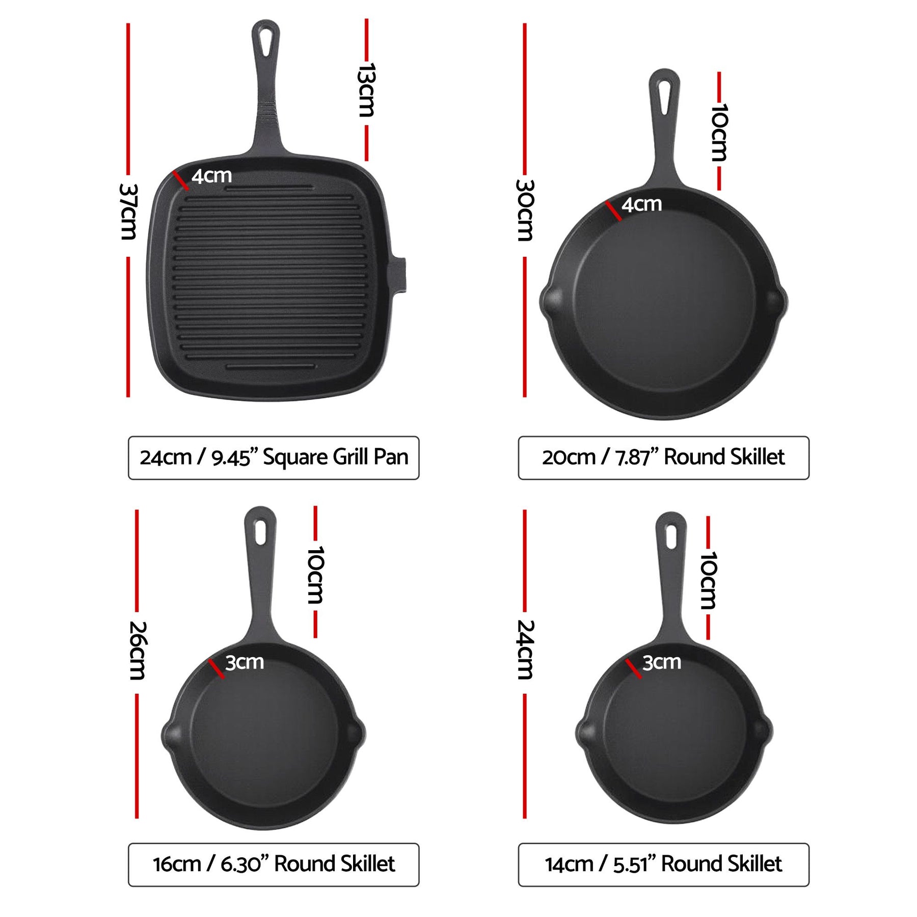 5-Star Chef 4 Piece Cast Iron Fry Pan Skillet Set – Black, Induction & Campfire Safe