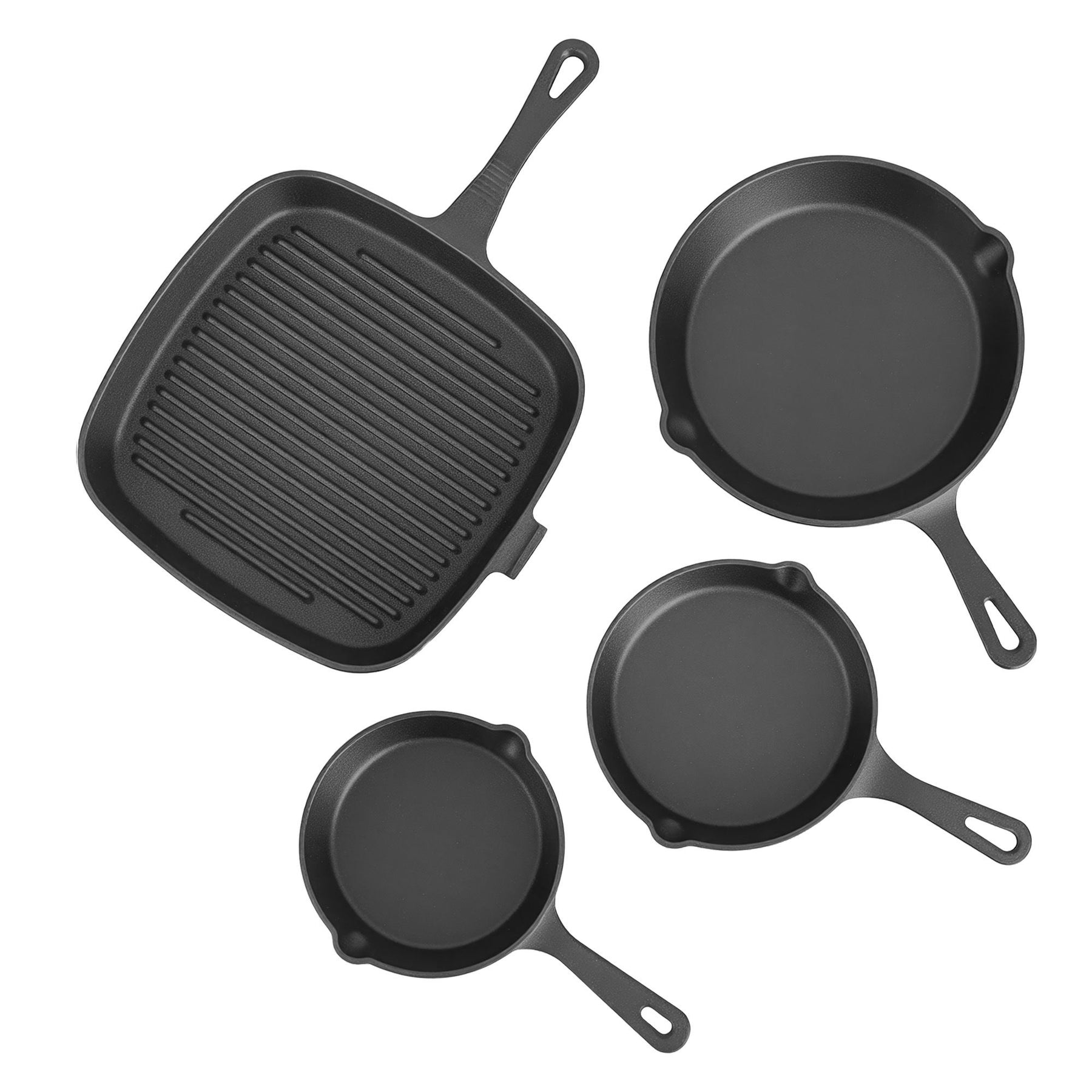 5-Star Chef 4 Piece Cast Iron Fry Pan Skillet Set – Black, Induction & Campfire Safe