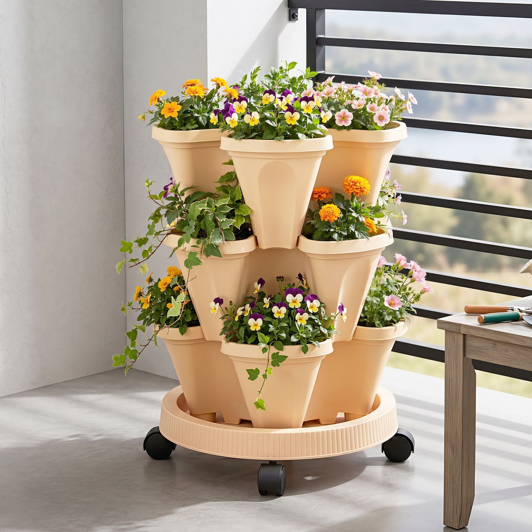 Green Fingers 3 Tier Stackable Vertical Planter – Beige, 15 Plant Capacity with Wheels