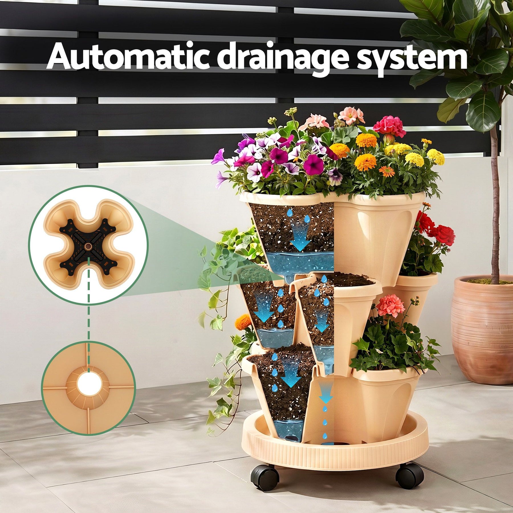 Green Fingers 3 Tier Stackable Vertical Planter – Beige, 15 Plant Capacity with Wheels
