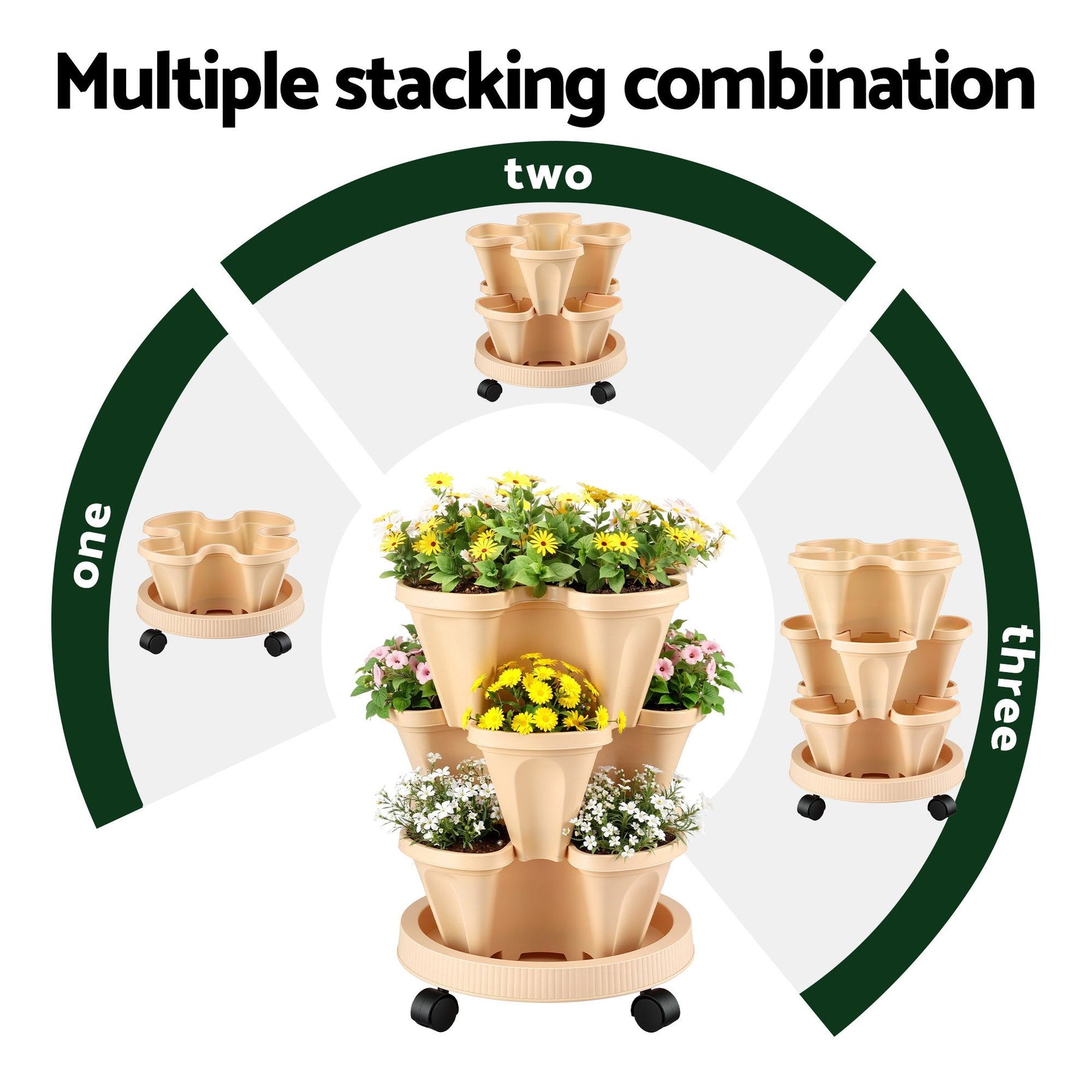 Green Fingers 3 Tier Stackable Vertical Planter – Beige, 15 Plant Capacity with Wheels