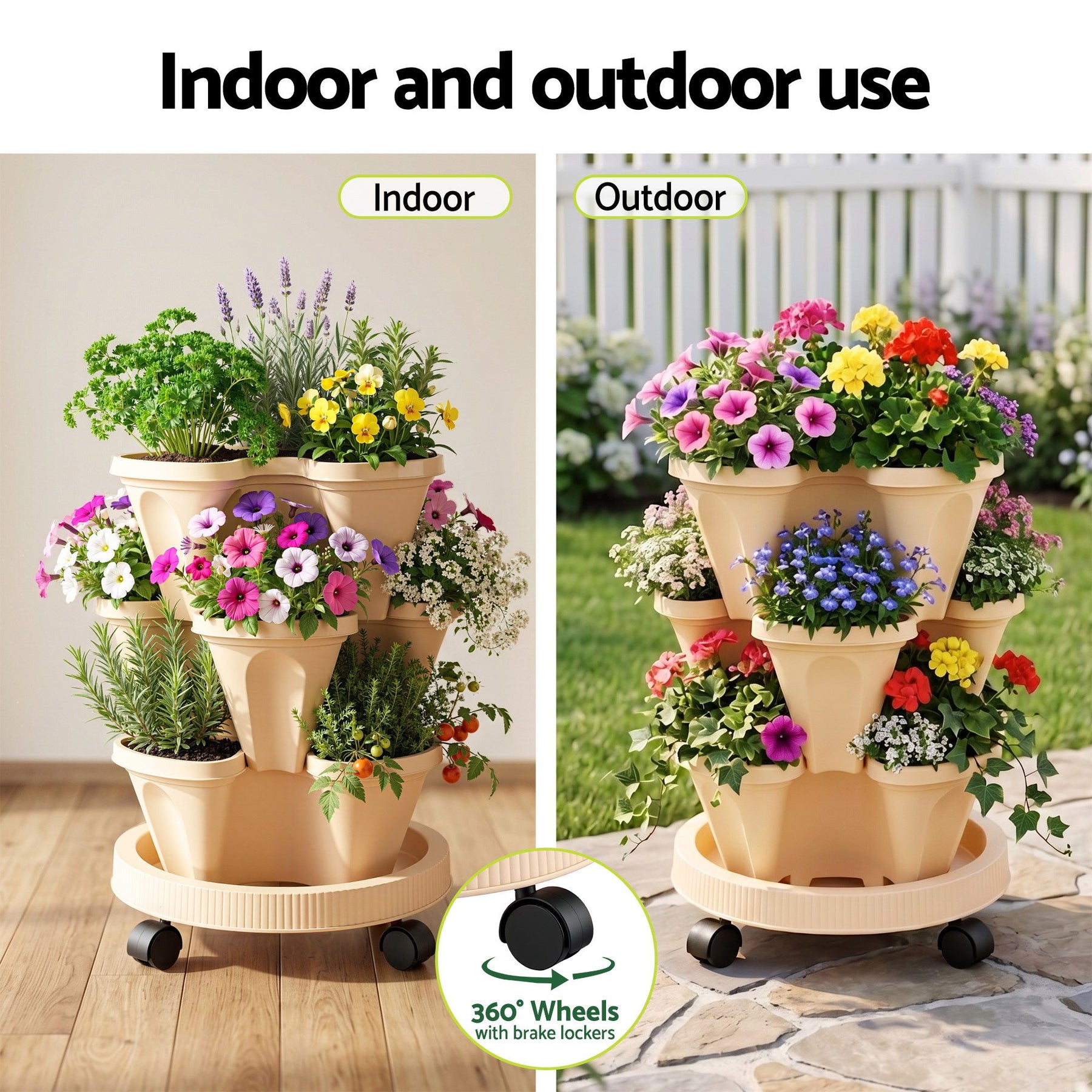 Green Fingers 3 Tier Stackable Vertical Planter – Beige, 15 Plant Capacity with Wheels