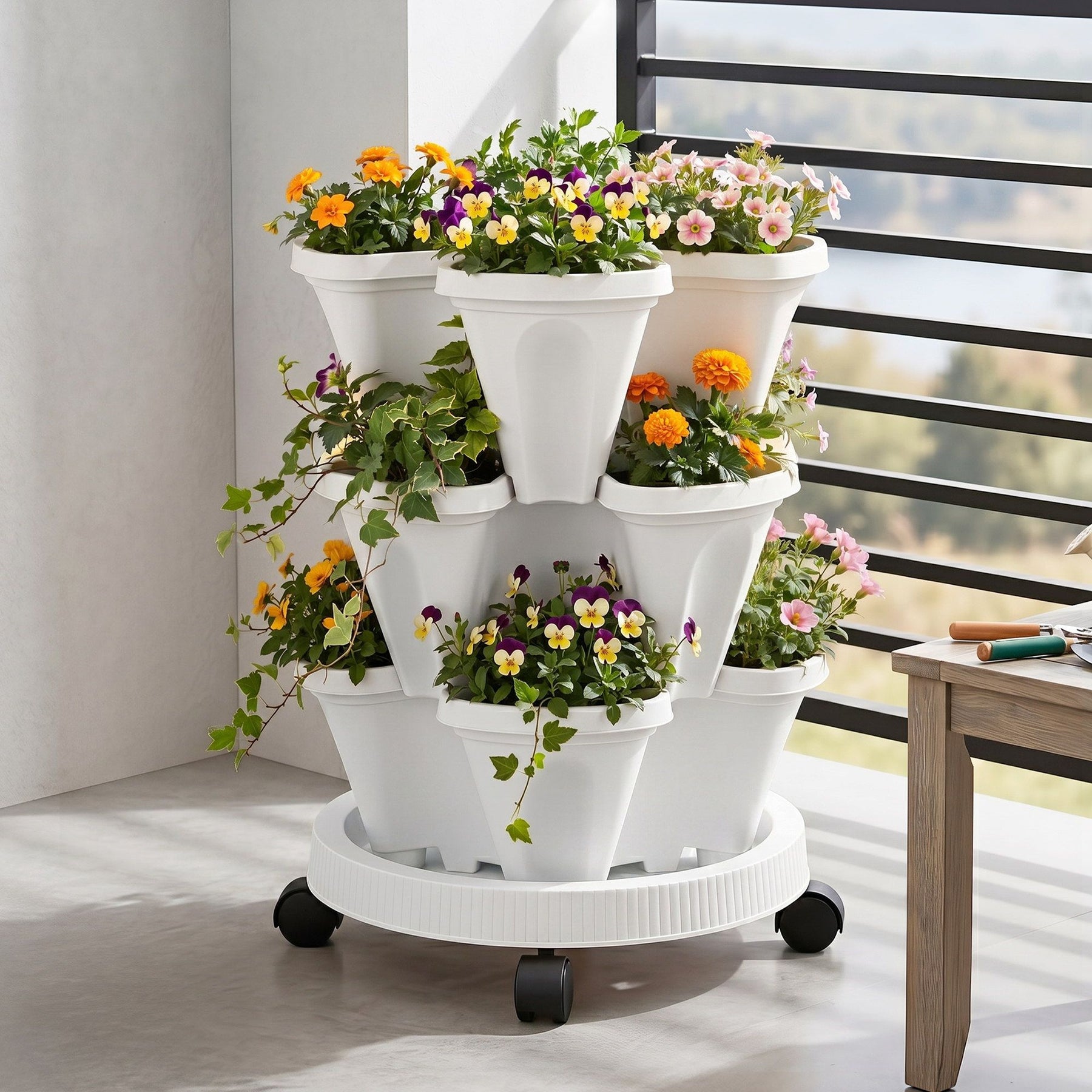 Green Fingers 3 Tier Stackable Vertical Planter – White, 15 Plant Capacity with Wheels
