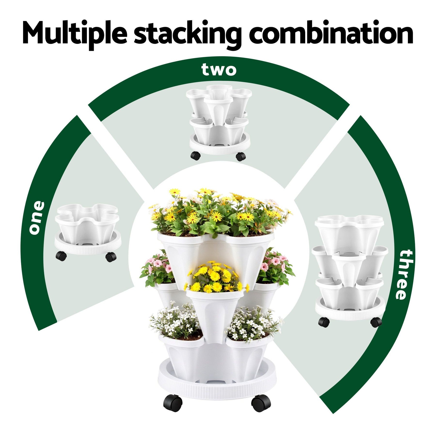 Green Fingers 3 Tier Stackable Vertical Planter – White, 15 Plant Capacity with Wheels