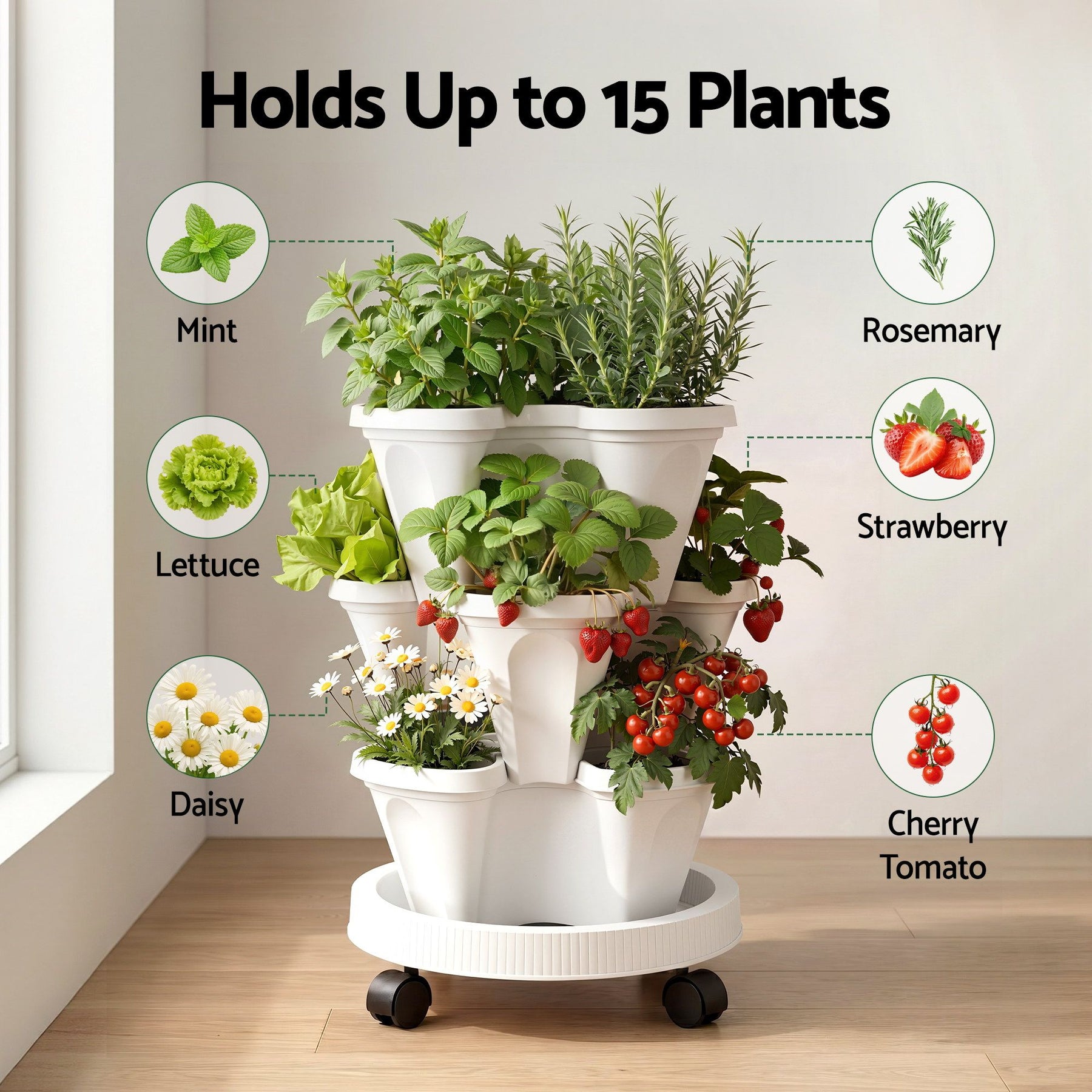 Green Fingers 3 Tier Stackable Vertical Planter – White, 15 Plant Capacity with Wheels