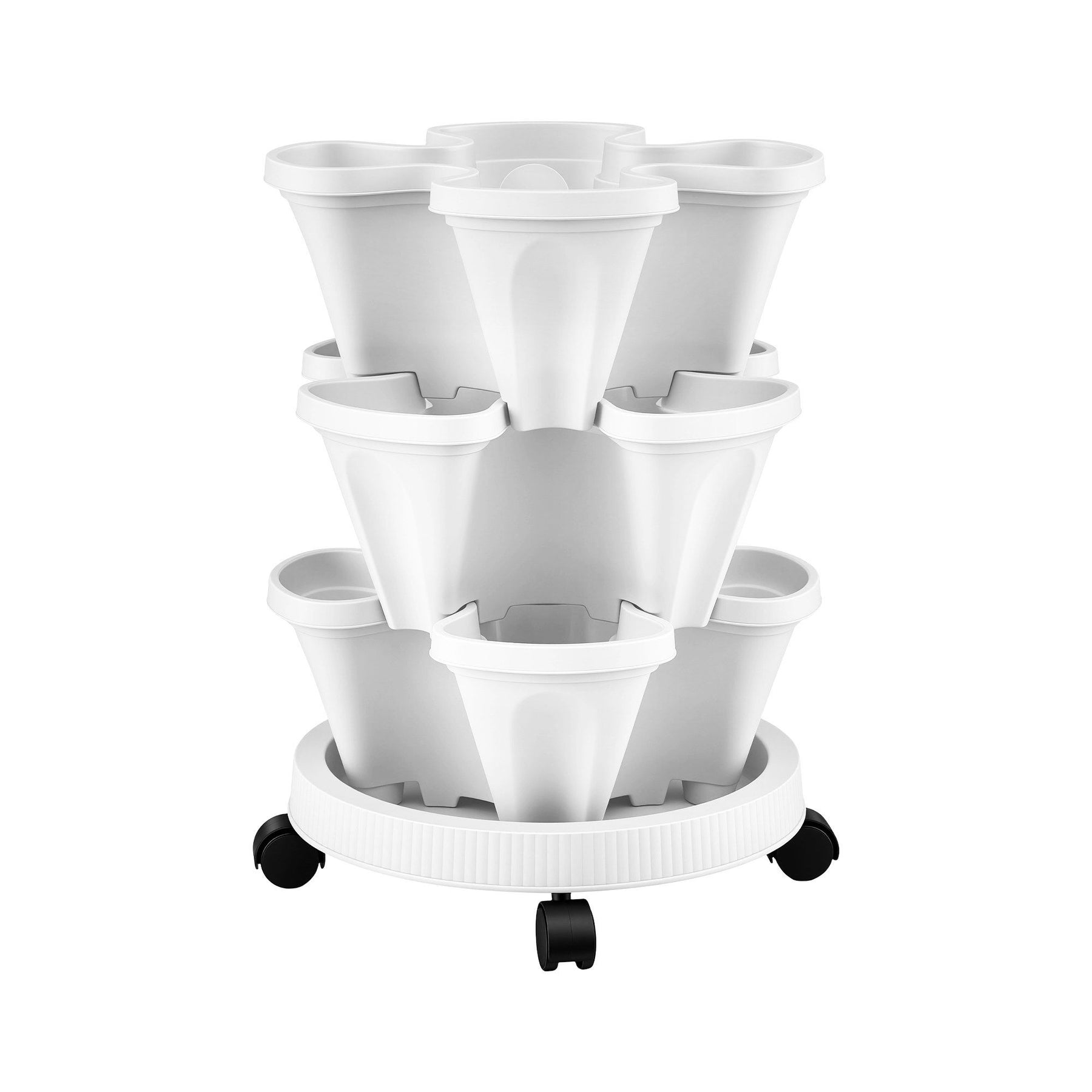 Green Fingers 3 Tier Stackable Vertical Planter – White, 15 Plant Capacity with Wheels