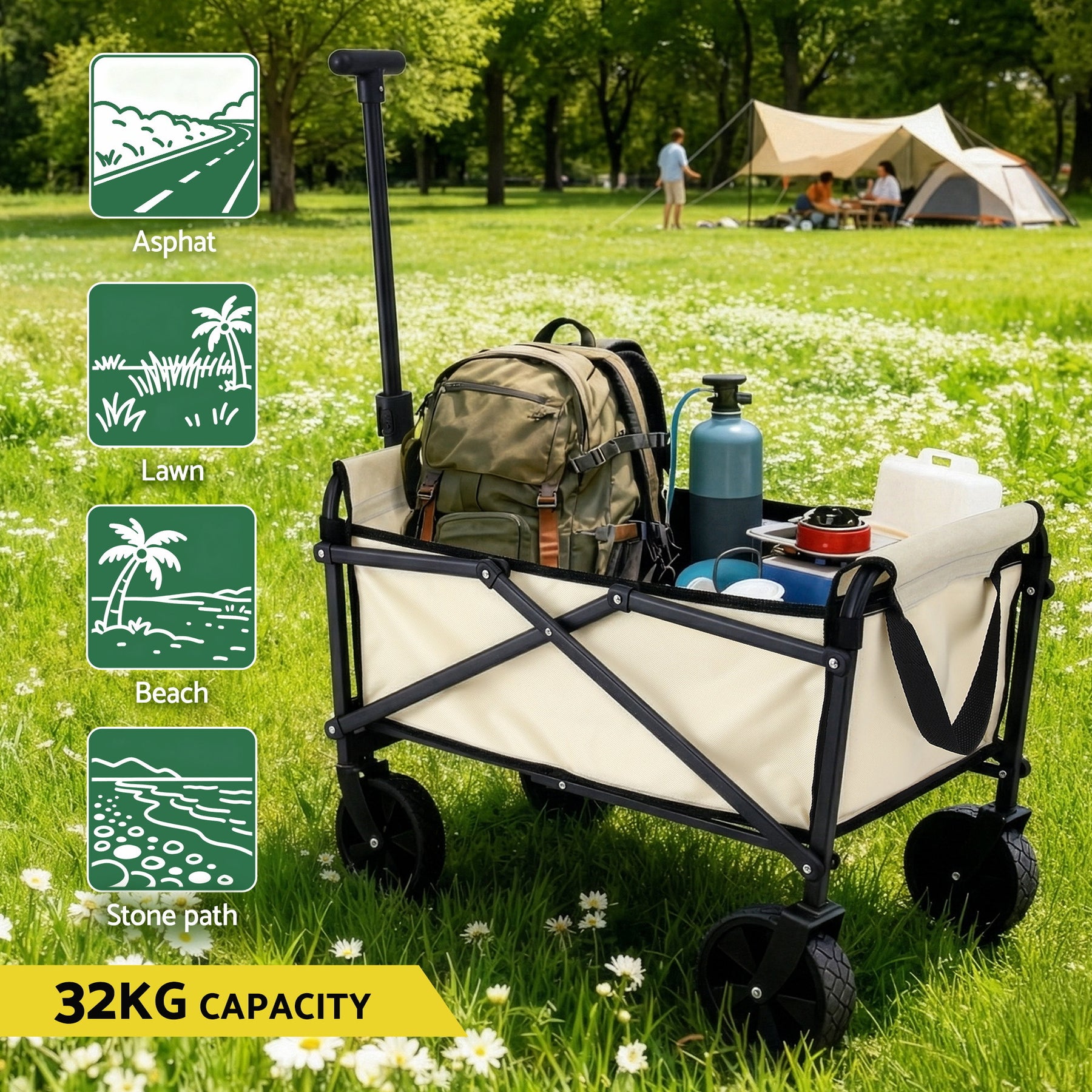 Gardeon Folding Garden Cart – Beige with All-Terrain Wheels