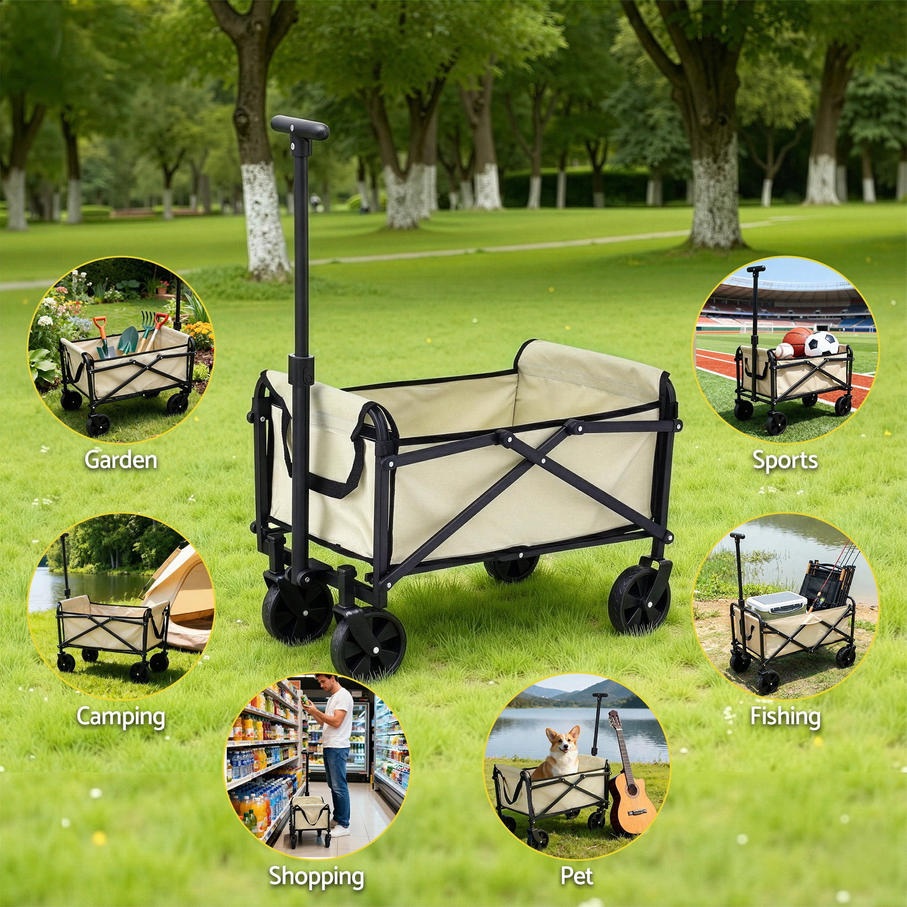 Gardeon Folding Garden Cart – Beige with All-Terrain Wheels