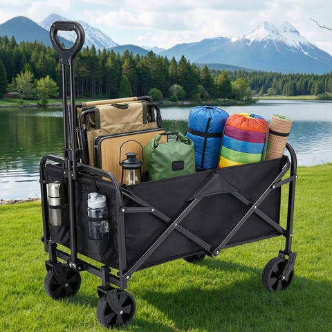 Gardeon Folding Garden Cart – Black with All-Terrain Wheels, 80kg Capacity