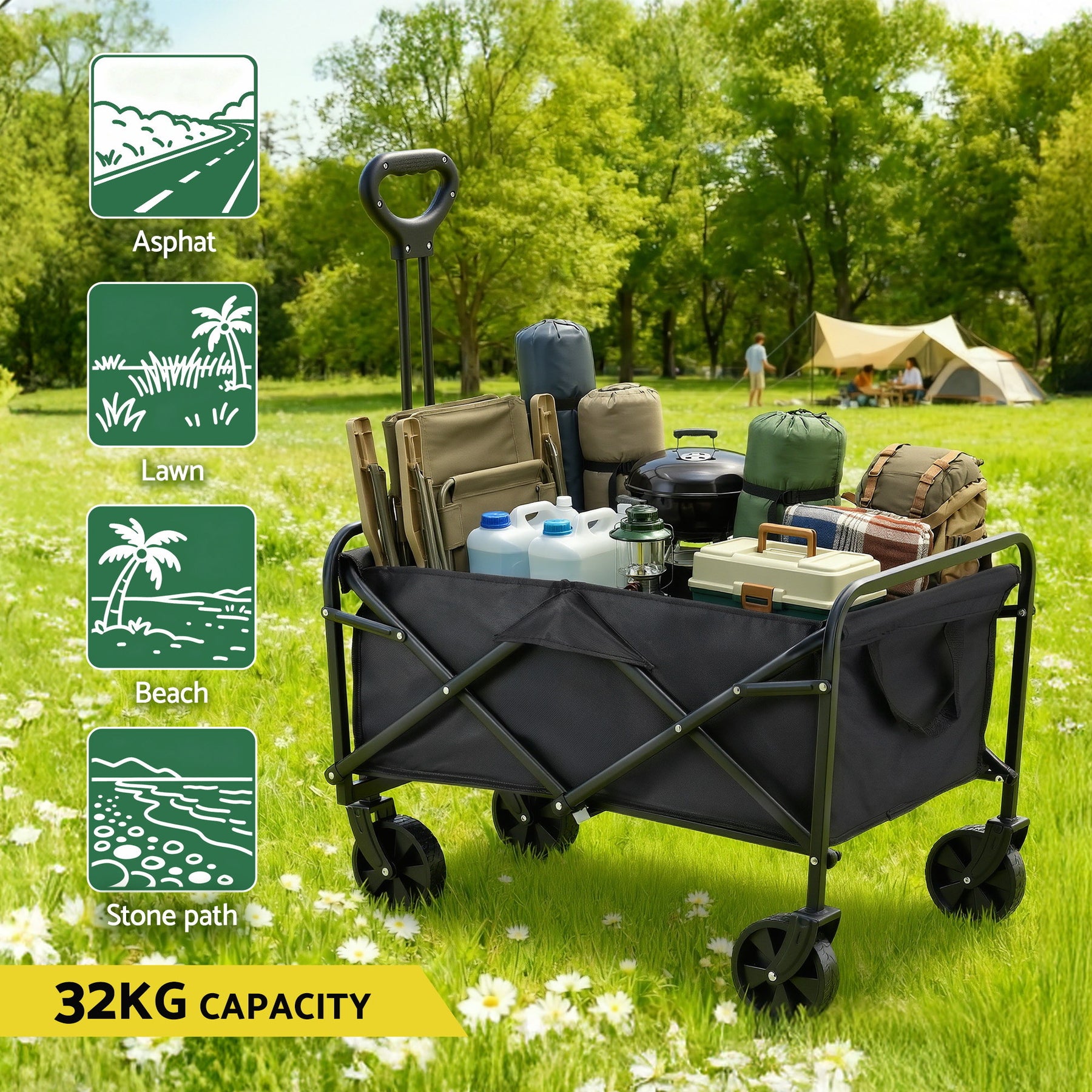Gardeon Folding Garden Cart – Black with All-Terrain Wheels, 80kg Capacity