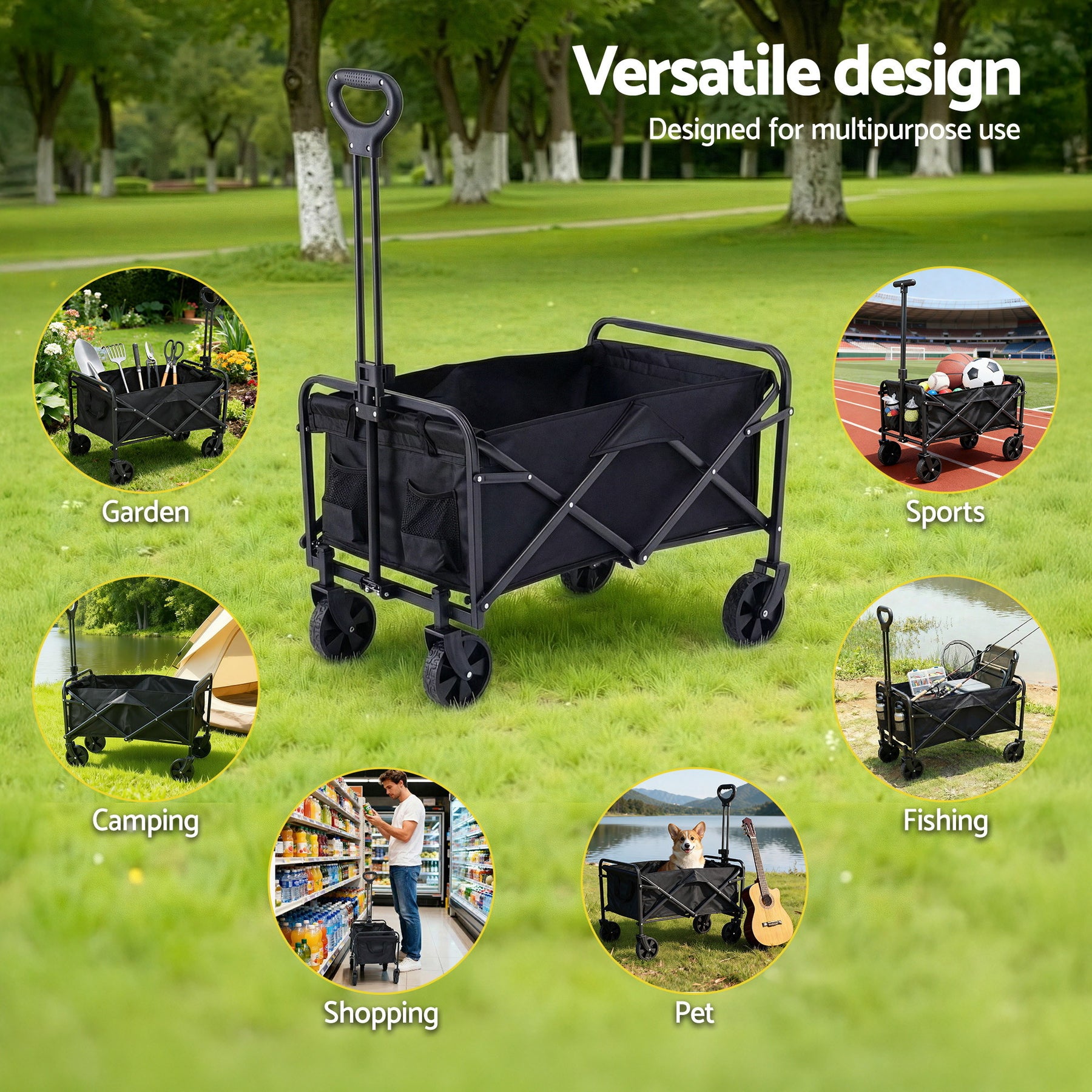 Gardeon Folding Garden Cart – Black with All-Terrain Wheels, 80kg Capacity