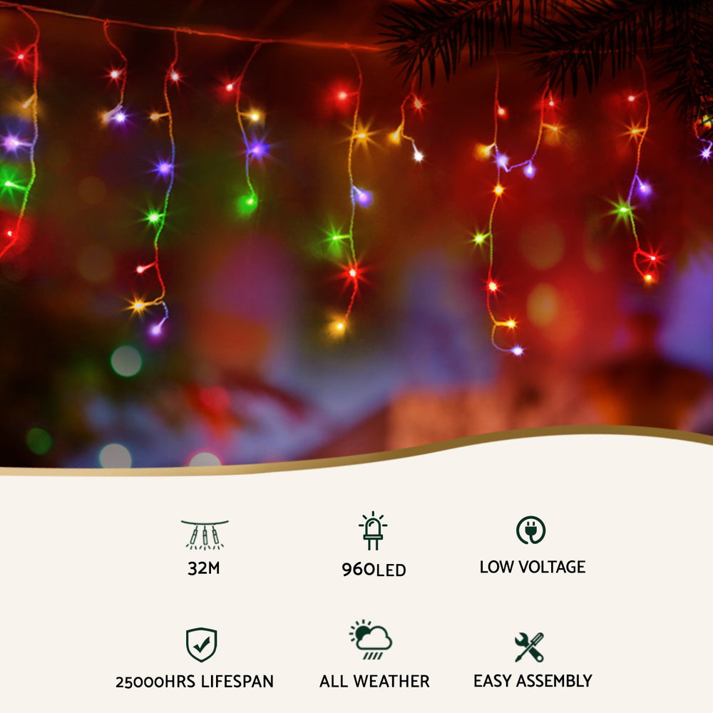 32M Christmas Lights Icicle Light 960 LED Multi-coloured Jingle Jollys - SuperSaverAU - view 4