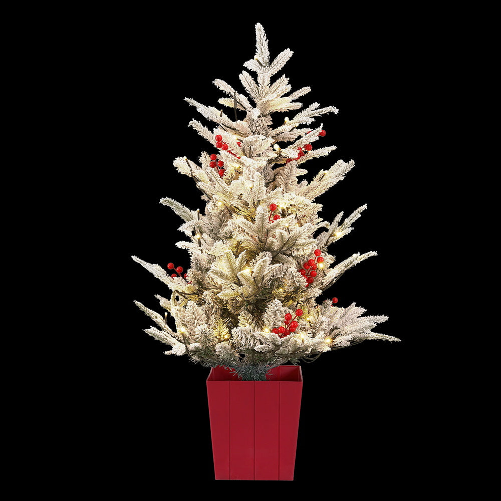 Jingle Jollys Christmas Tree 1M LED Potted Xmas Party Decor Red Barries Flocked - SuperSaverAU - view 3