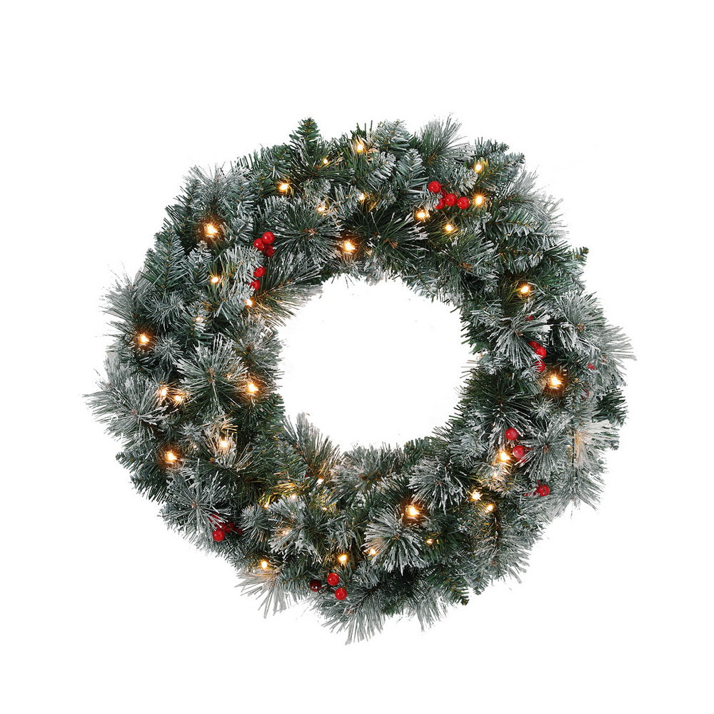 Jingle Jollys 60cm Christmas Wreath LED Lights Snowy Berries Garland Party Decor - SuperSaverAU - view 1