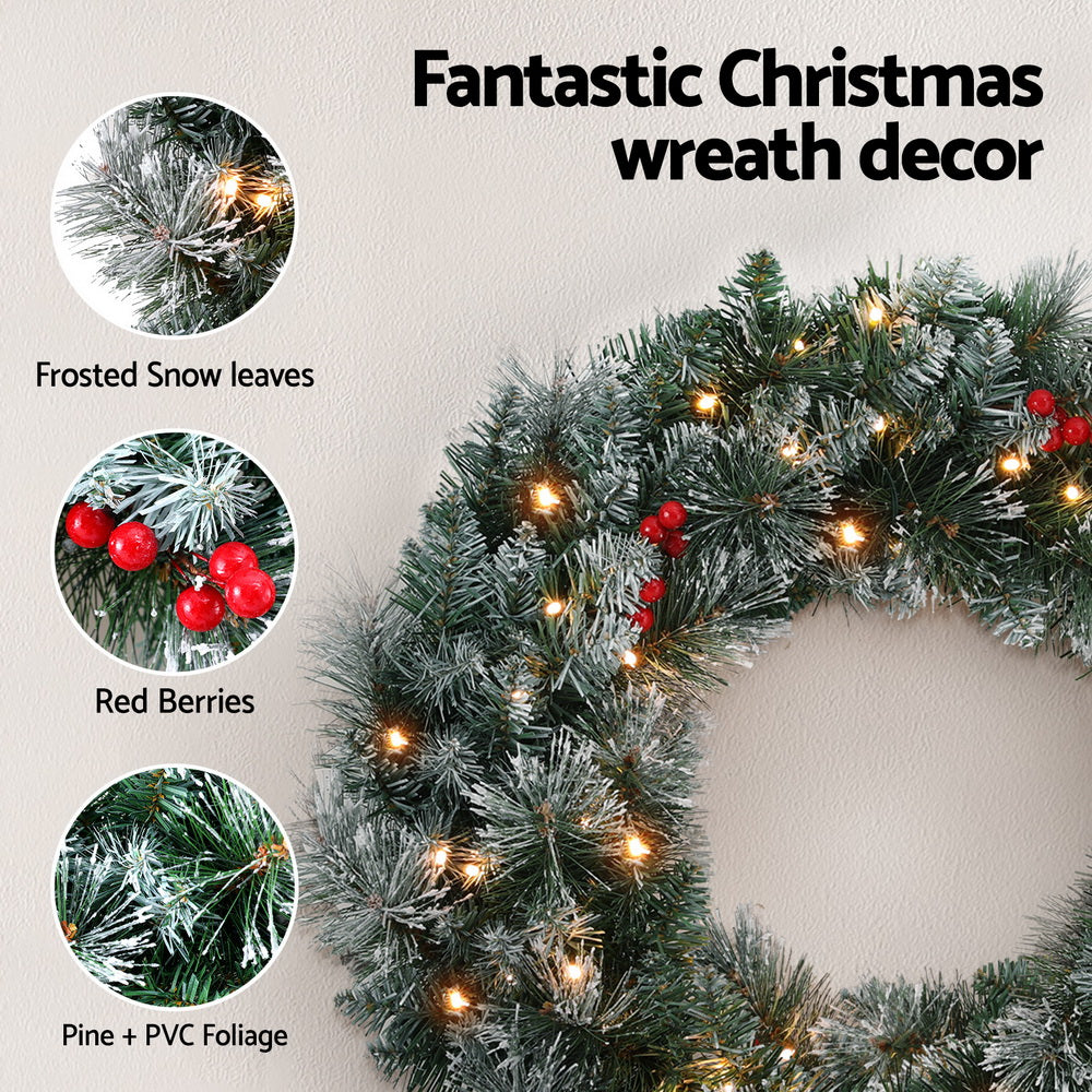 Jingle Jollys 60cm Christmas Wreath LED Lights Snowy Berries Garland Party Decor - SuperSaverAU - view 4