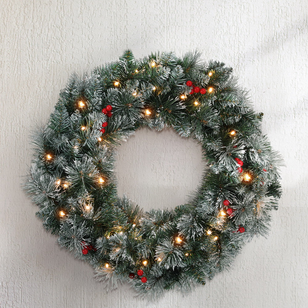 Jingle Jollys 60cm Christmas Wreath LED Lights Snowy Berries Garland Party Decor - SuperSaverAU - view 7