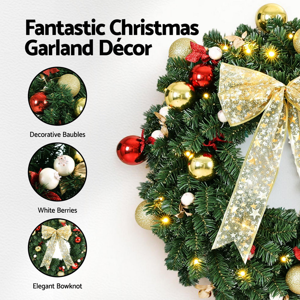 Jingle Jollys Christmas Wreath 60CM LED Garland Berries Bow Baubles Xmas Decor - SuperSaverAU - view 4