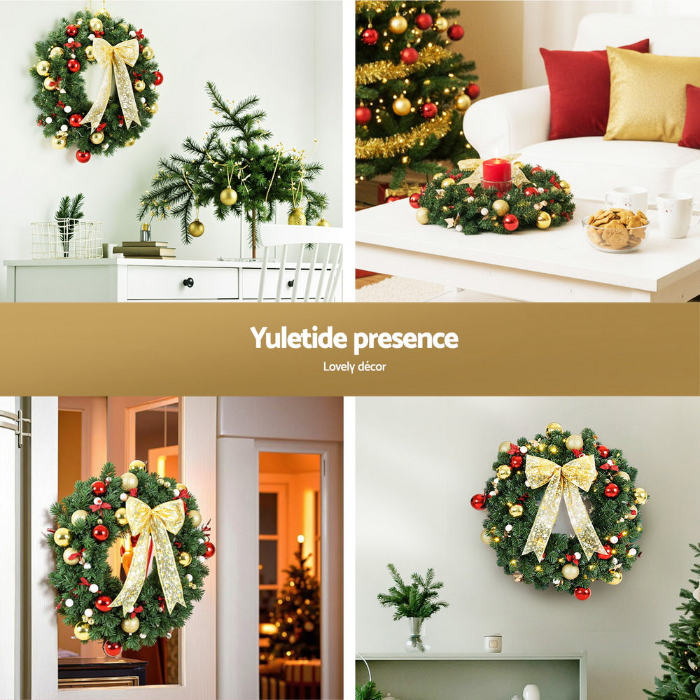 Jingle Jollys Christmas Wreath 60CM LED Garland Berries Bow Baubles Xmas Decor - SuperSaverAU - view 5