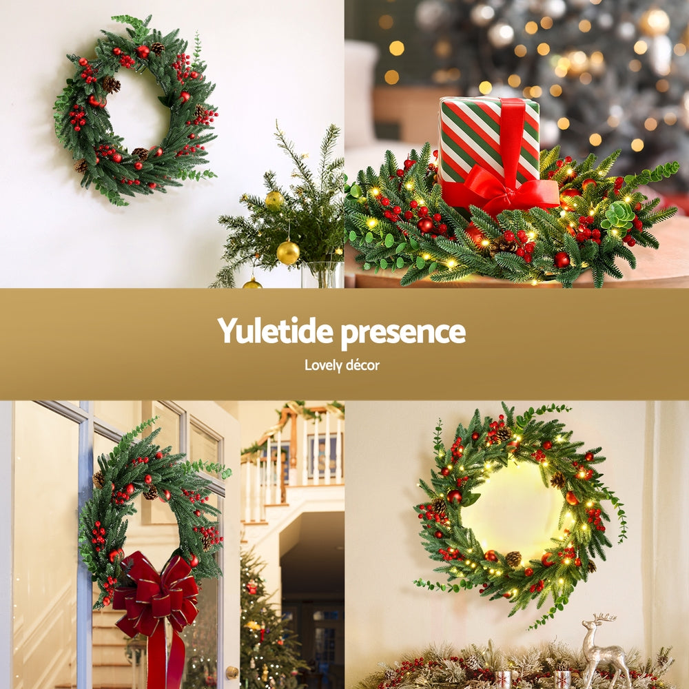 Jingle Jollys Christmas Wreath 60CM LED Garland Berries Pine Cones Party Decor - SuperSaverAU - view 4