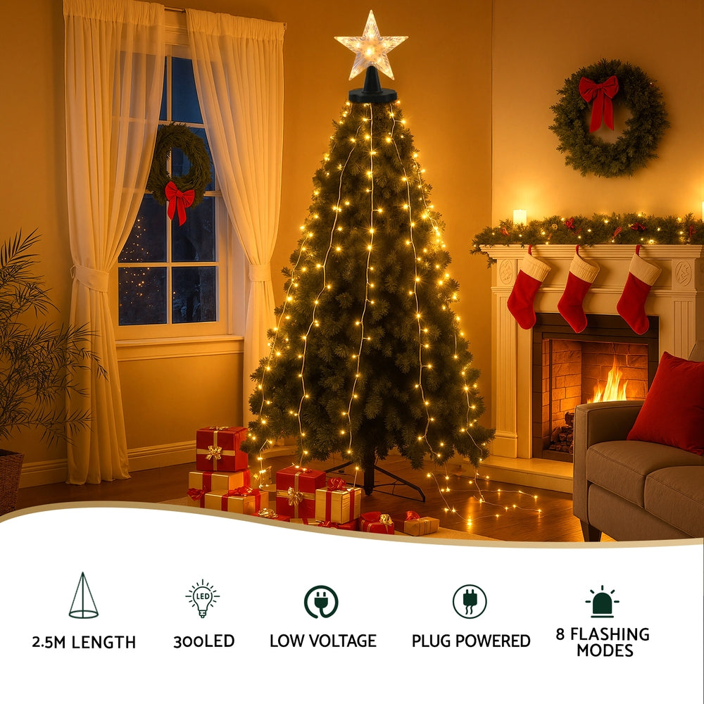 Jingle Jollys 2.5M Christmas Lights Waterfall String Light 300 LED Star Topper - SuperSaverAU - view 4