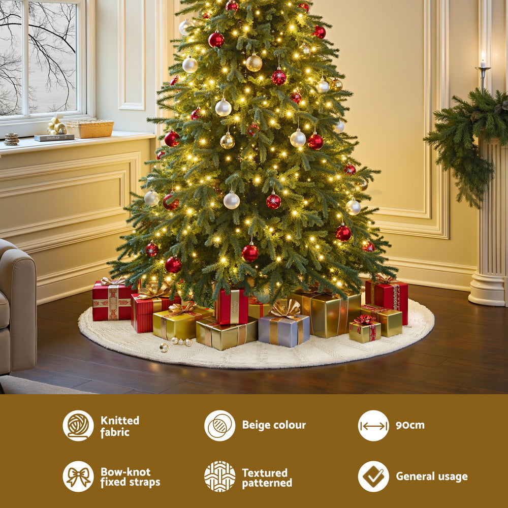 Jingle Jollys Christmas Tree Skirt 90cm Knitted Fabric Xmas Ornament Decor Beige - SuperSaverAU - view 4