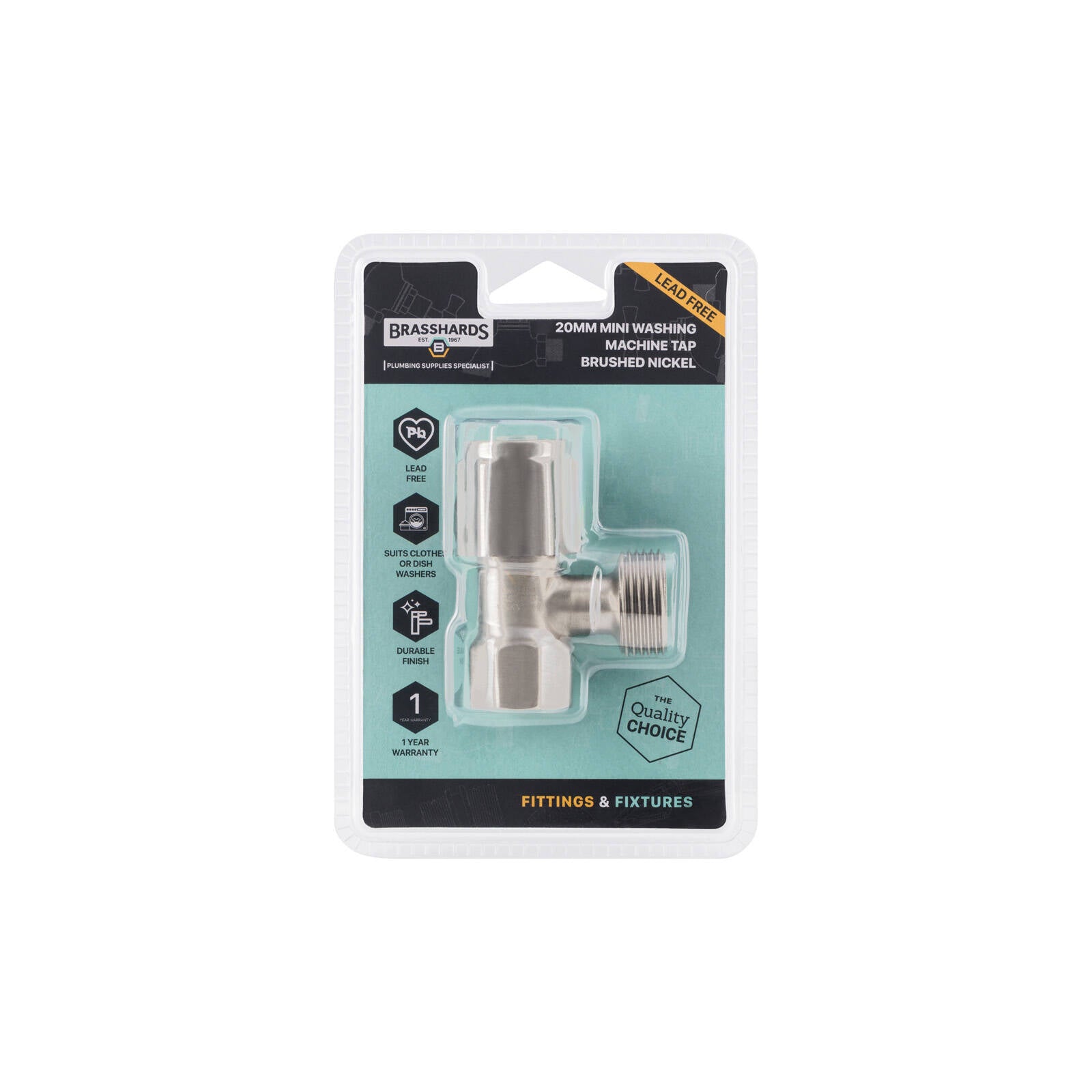 Brasshards 20mm Brass Brushed Nickel Lead Free Mini Washing Machine Tap