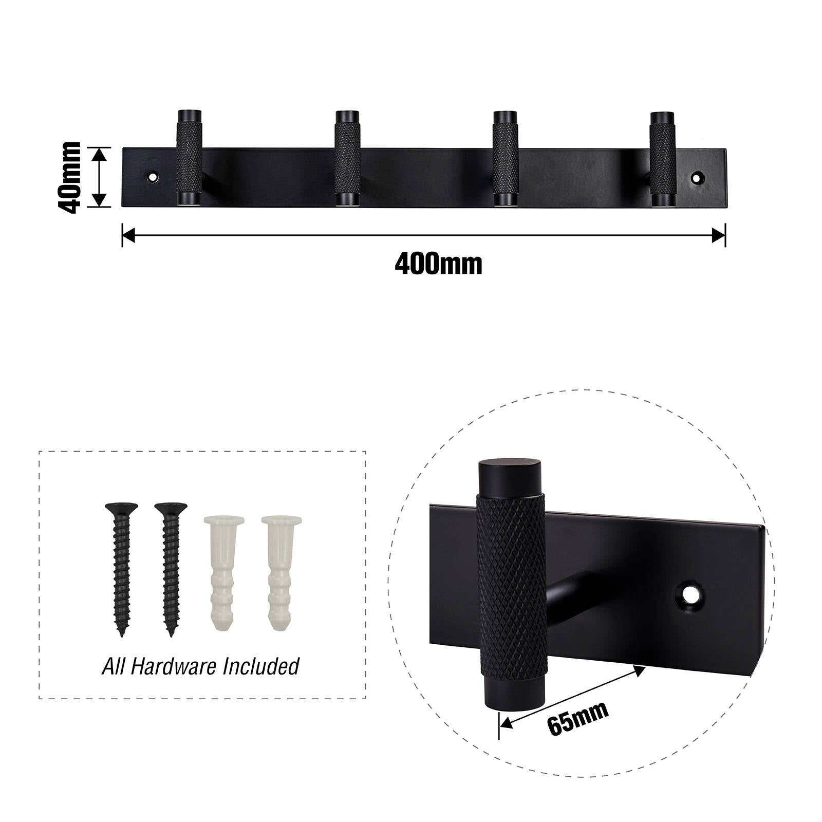 Adoored 4 Hook Black Knurled Decorative Steel Hook Rack
