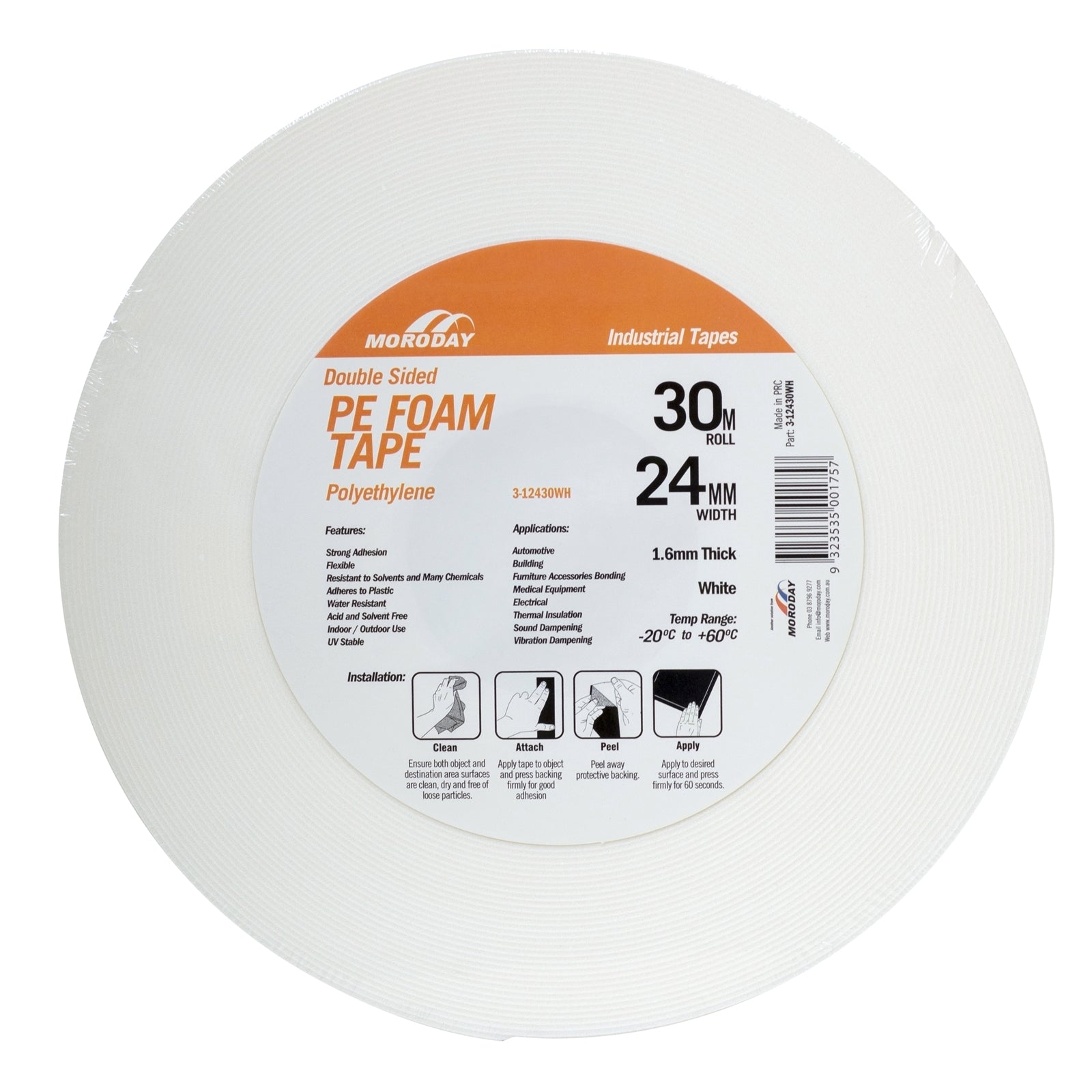 Moroday 24mm x 30m White Polyethylene Double Sided Foam Tape