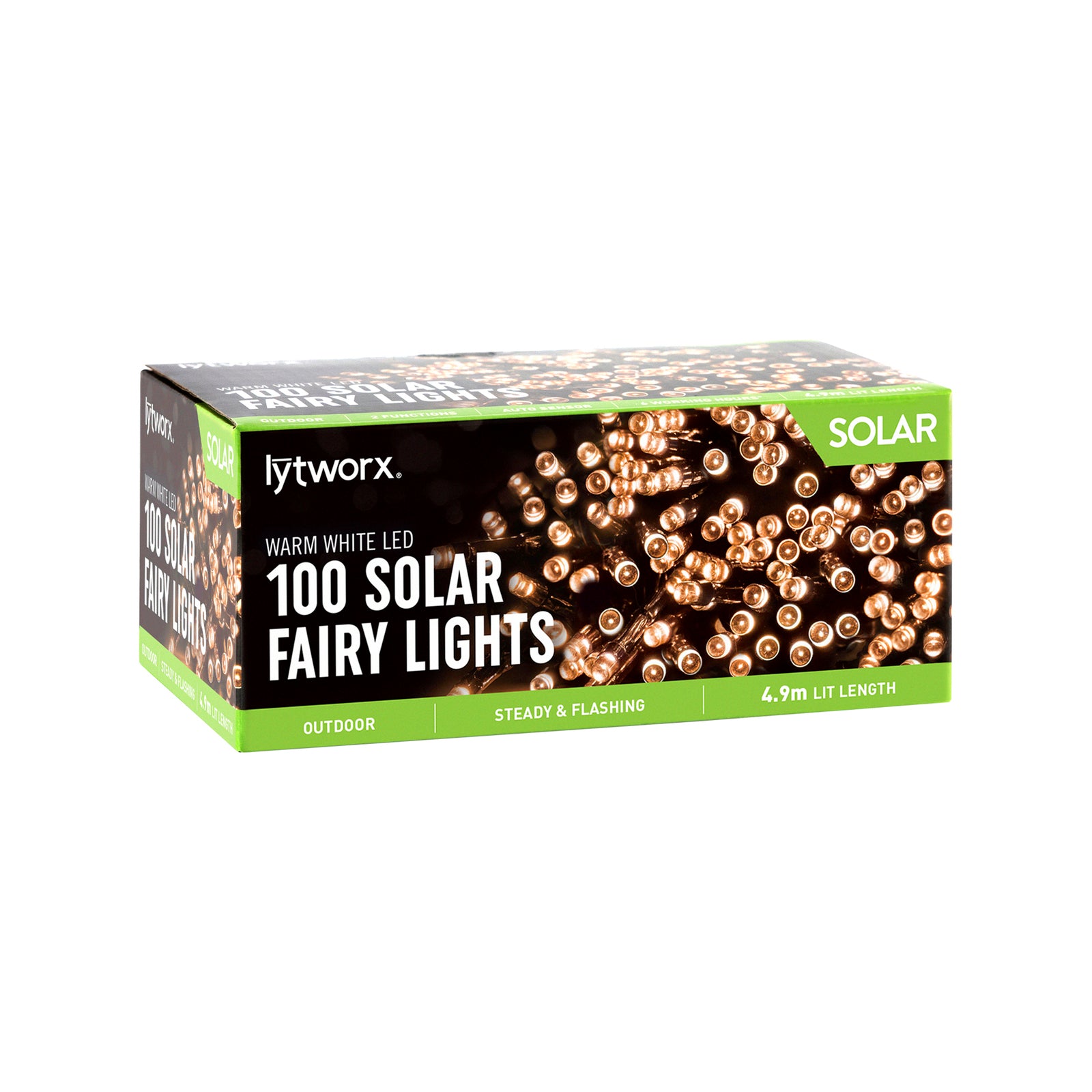 Lytworx 100 LED Warm White 2 Function Solar Fairy Lights 4.9m Outdoor