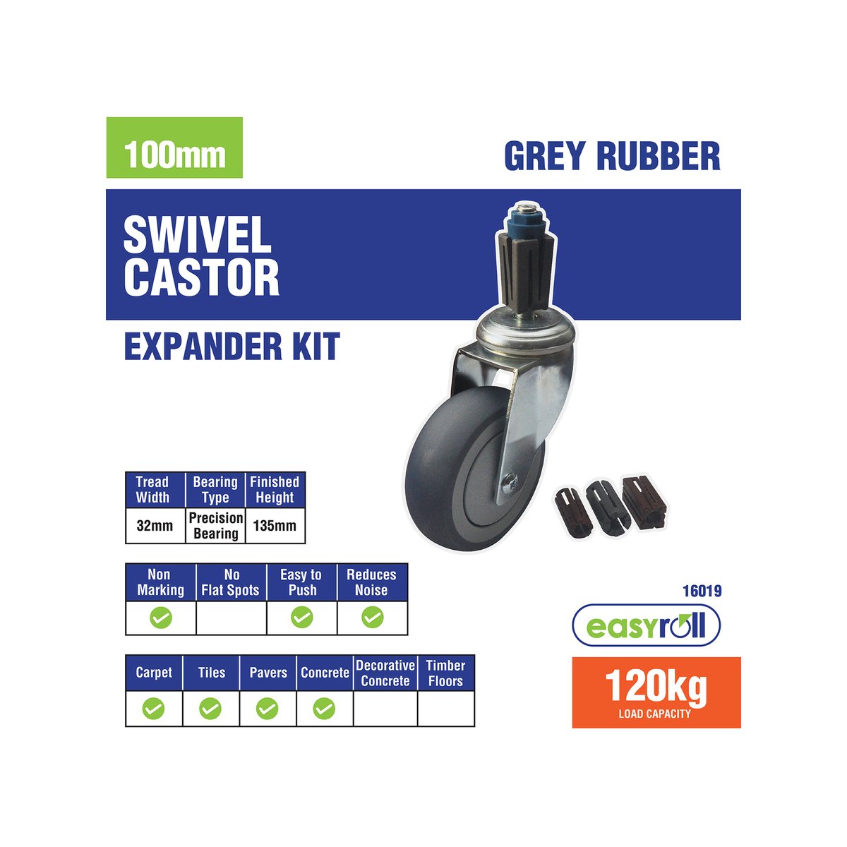 Easyroll 100mm 120kg Grey Rubber Castor Expansion Kit