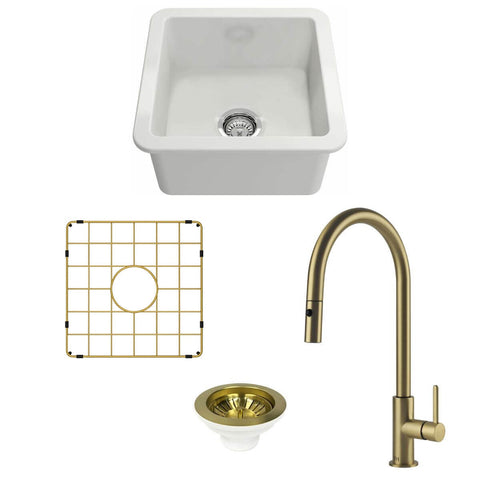 Turner Hastings Cuisine 46 Sink Pack - Brushed Brass Naples Pull Out Mixer Tap - Gloss White Sink - PKG045