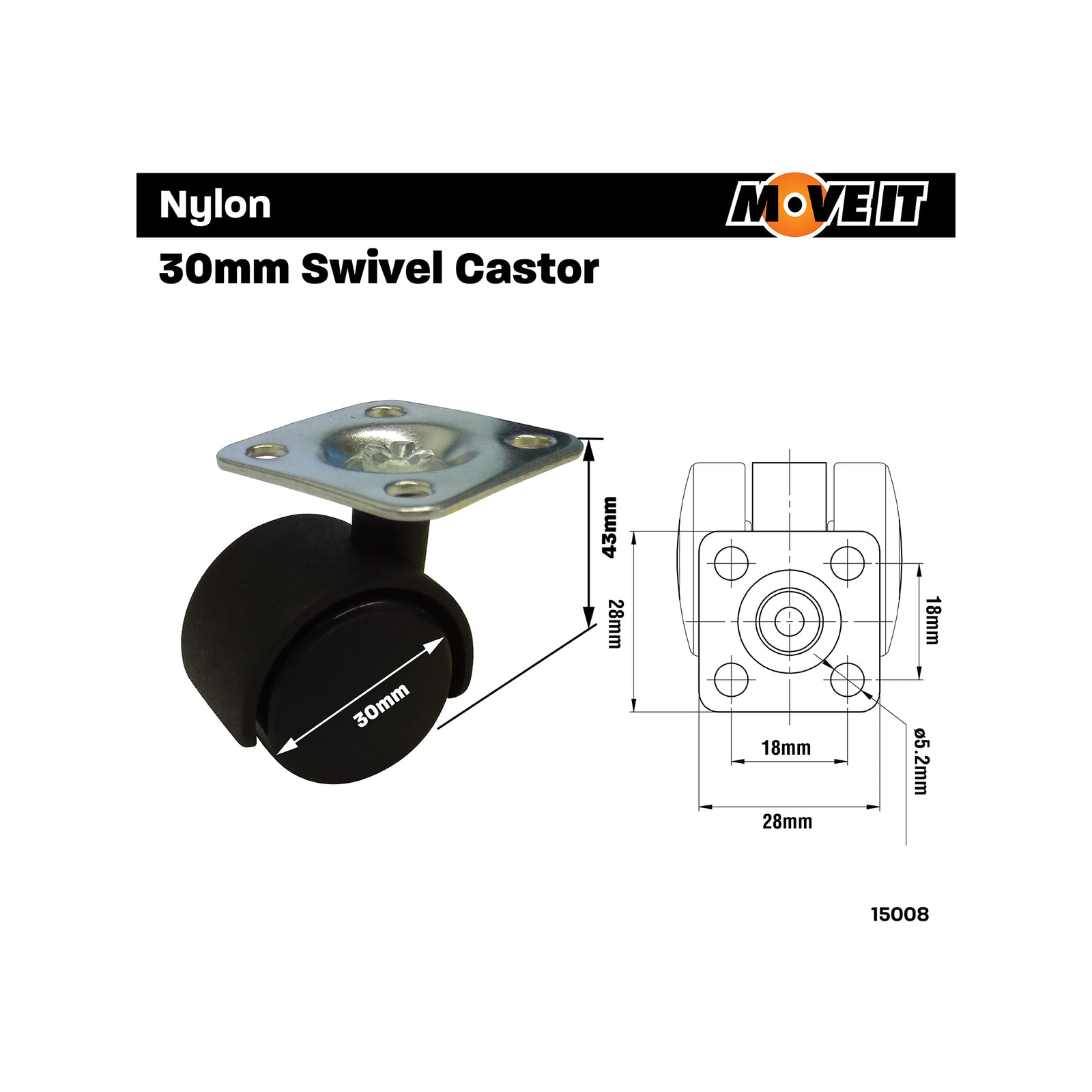 Move It 30mm Hooded Plate Furniture Castor, Nylon Twin Wheel Swivel, 30kg - 2 Pack