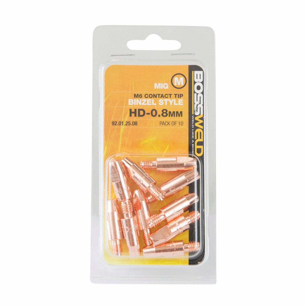 Bossweld 0.8mm Binzel Style M6 Heavy Duty MIG Contact Tips - 10 Pack