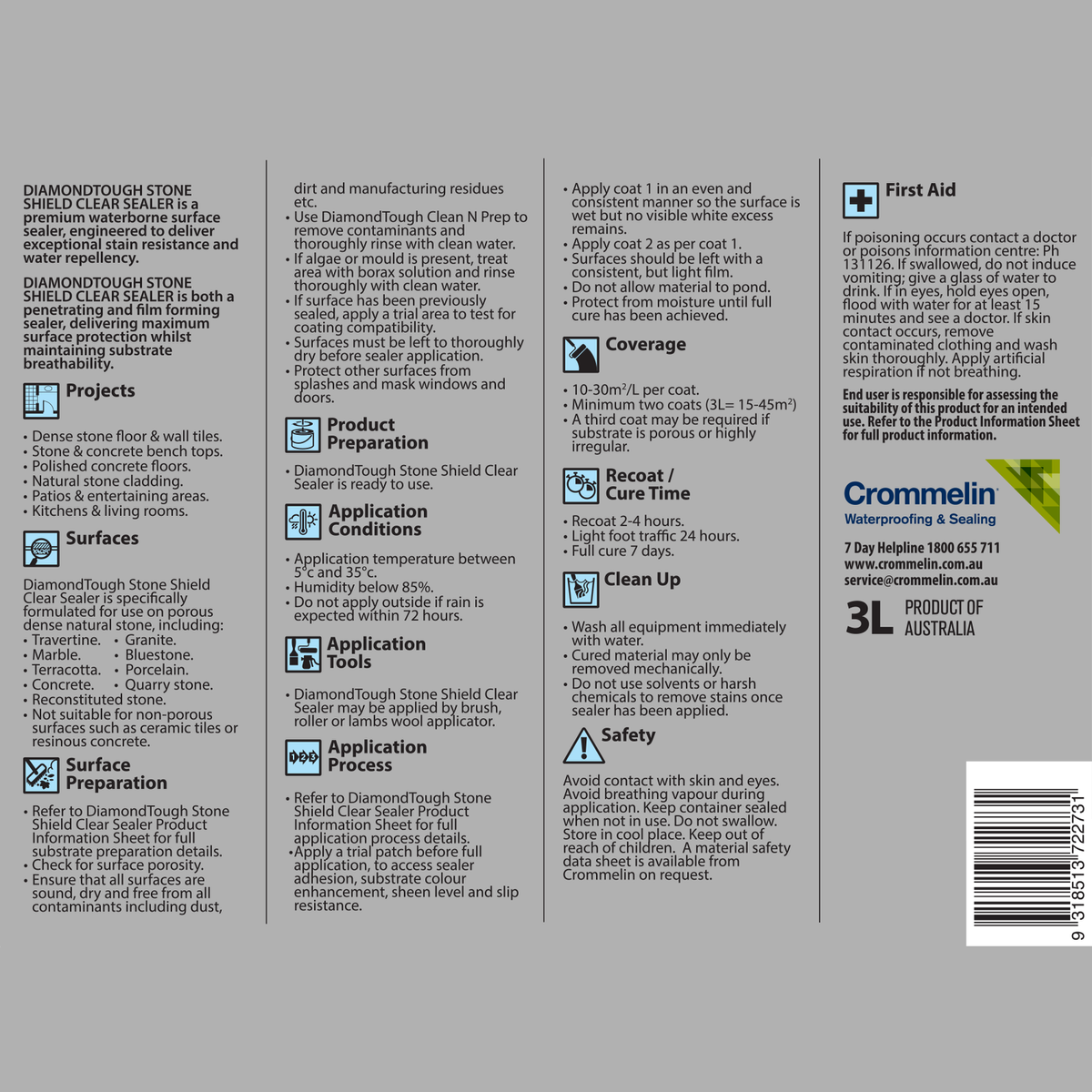 Crommelin DiamondTough Stone Shield Clear Sealer 3L - Waterborne Indoor & Outdoor