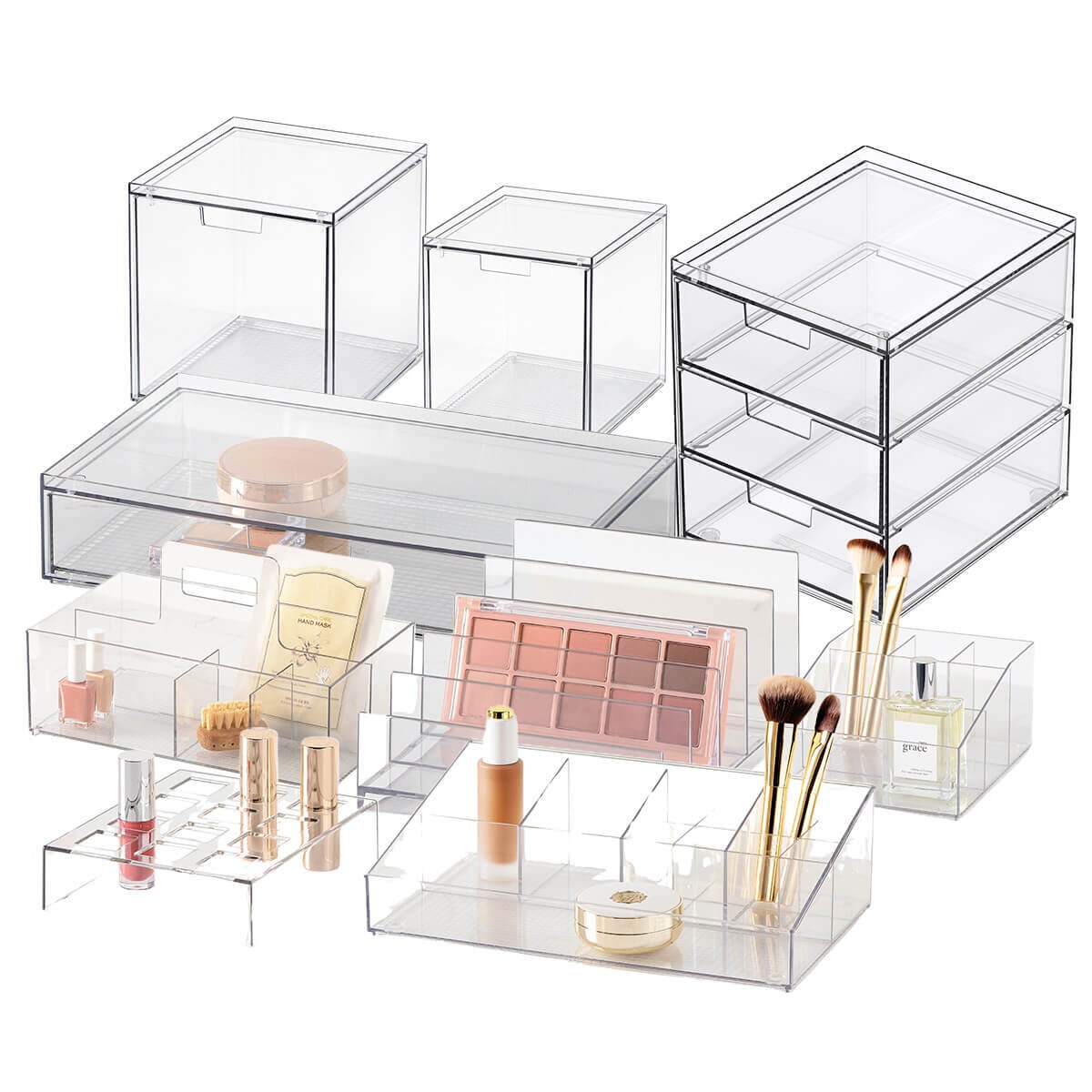 The Container Store 9 Piece Bath/Cosmetic Pack 1 - Clear PET, Drawer and Countertop - VTCS-BATHCOSM-P1