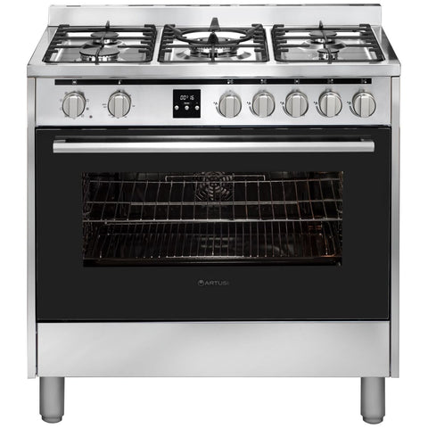 Artusi 90cm dual fuel freestanding oven - Stainless Steel, 100L, 5 gas burners with wok - AFG915X-1