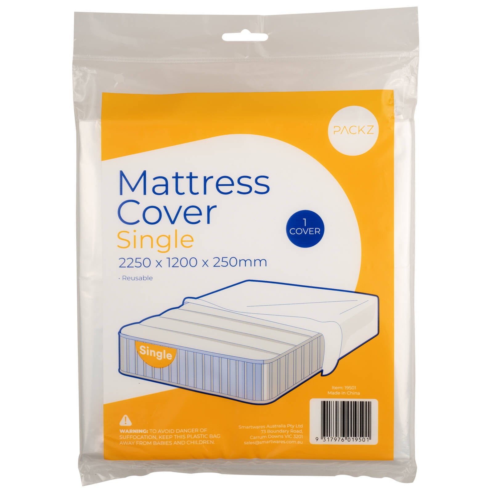 Packz Clear Plastic Single Mattress Cover 2250 x 1200 x 250mm