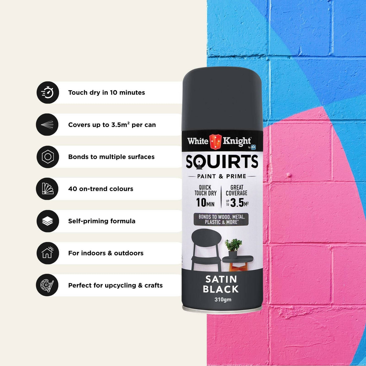 White Knight Squirts 310g Black Satin Spray Paint - Indoor/Outdoor
