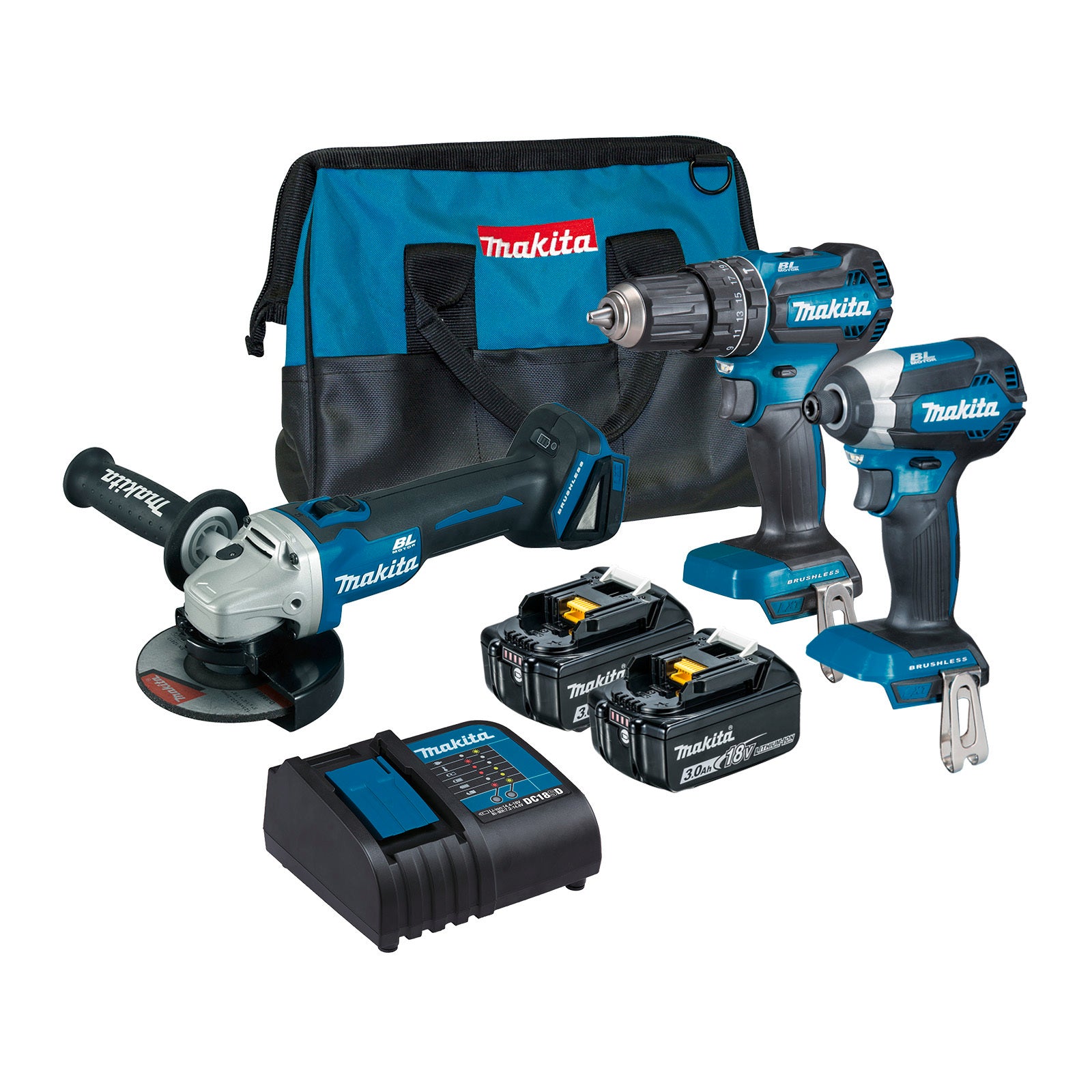 Makita 18V Brushless 3 Piece Combo Kit - Drill, Impact Driver, Grinder DLX3113S1