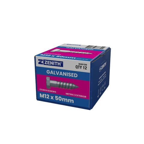 Zenith Hex Head Coach Screws M12 x 50mm Hot Dip Galvanised 12 Pack - SuperSaverAU - view 1